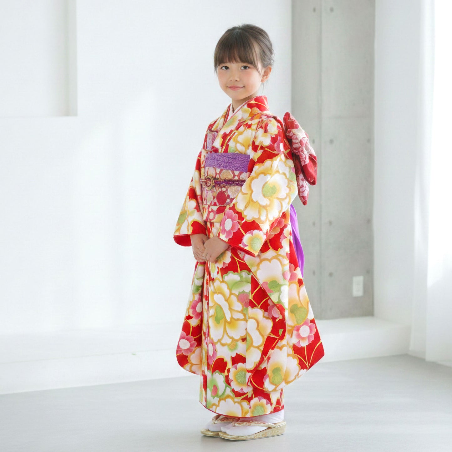 【レンタル】花わらべ七五三四ツ身着物フルセット【7歳貸衣装七五三】子供女児和服セット日本舞踊【往復送料無料】赤牡丹桜新品足袋プレゼント