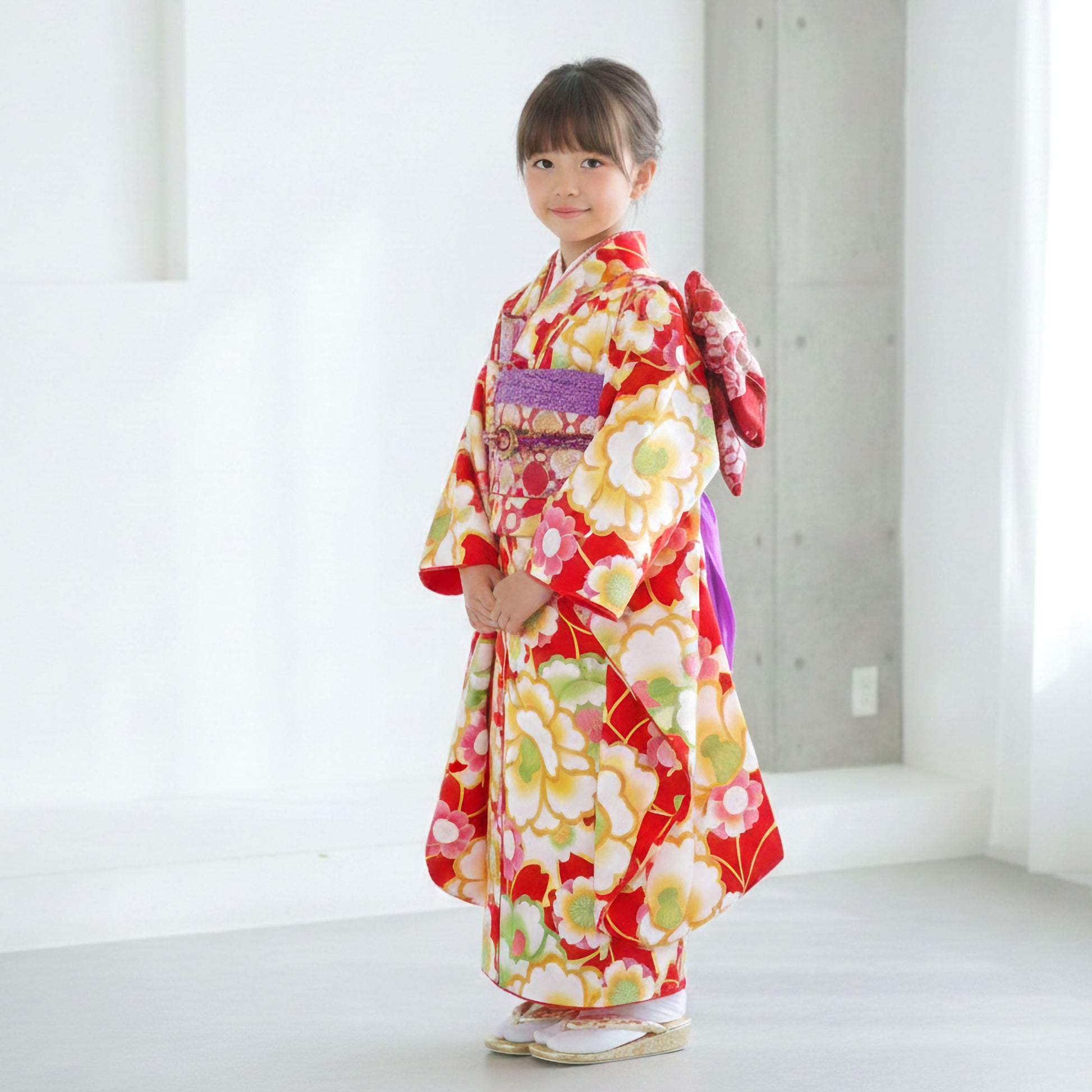 【レンタル】花わらべ七五三四ツ身着物フルセット【7歳貸衣装七五三】子供女児和服セット日本舞踊【往復送料無料】赤牡丹桜新品足袋プレゼント