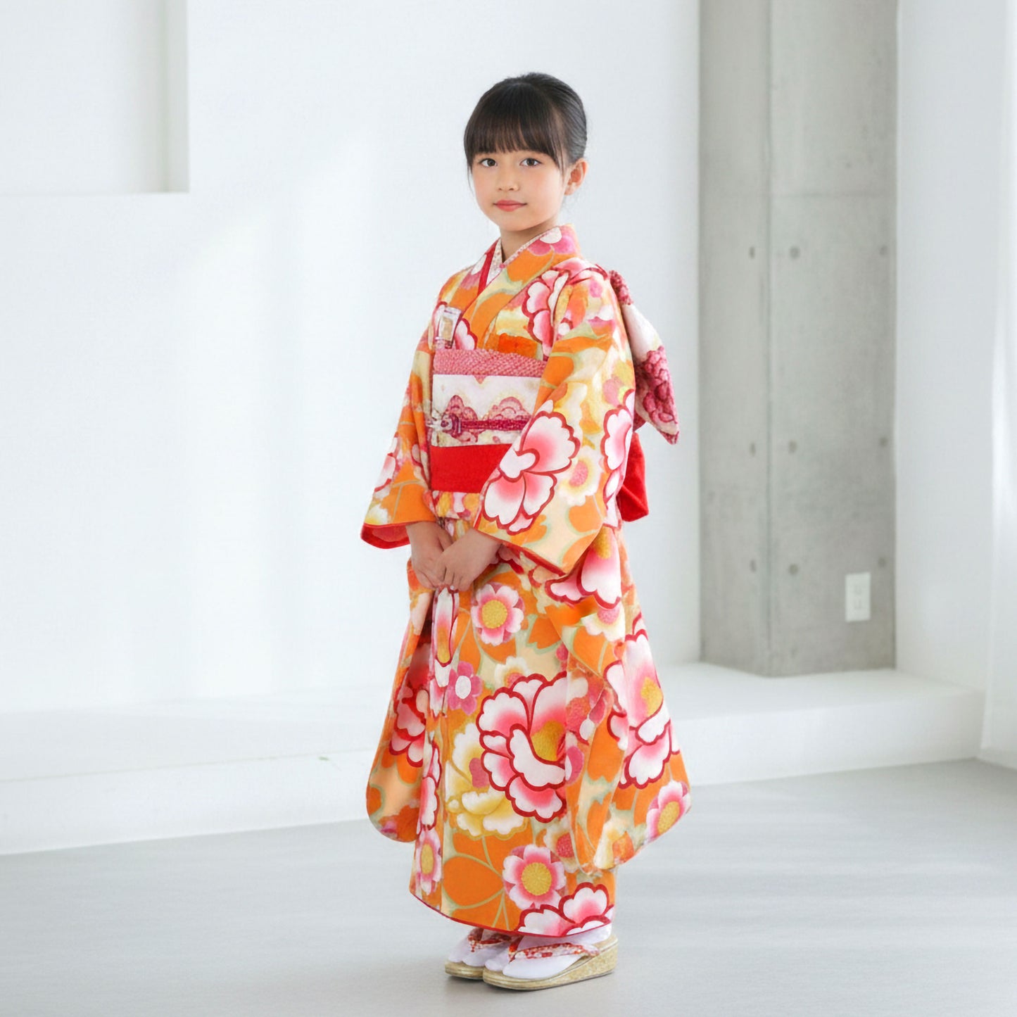 【レンタル】花わらべ七五三四ツ身着物フルセット【7歳貸衣装七五三】子供女児和服セット日本舞踊【往復送料無料】黄色橙牡丹桜新品足袋プレゼント