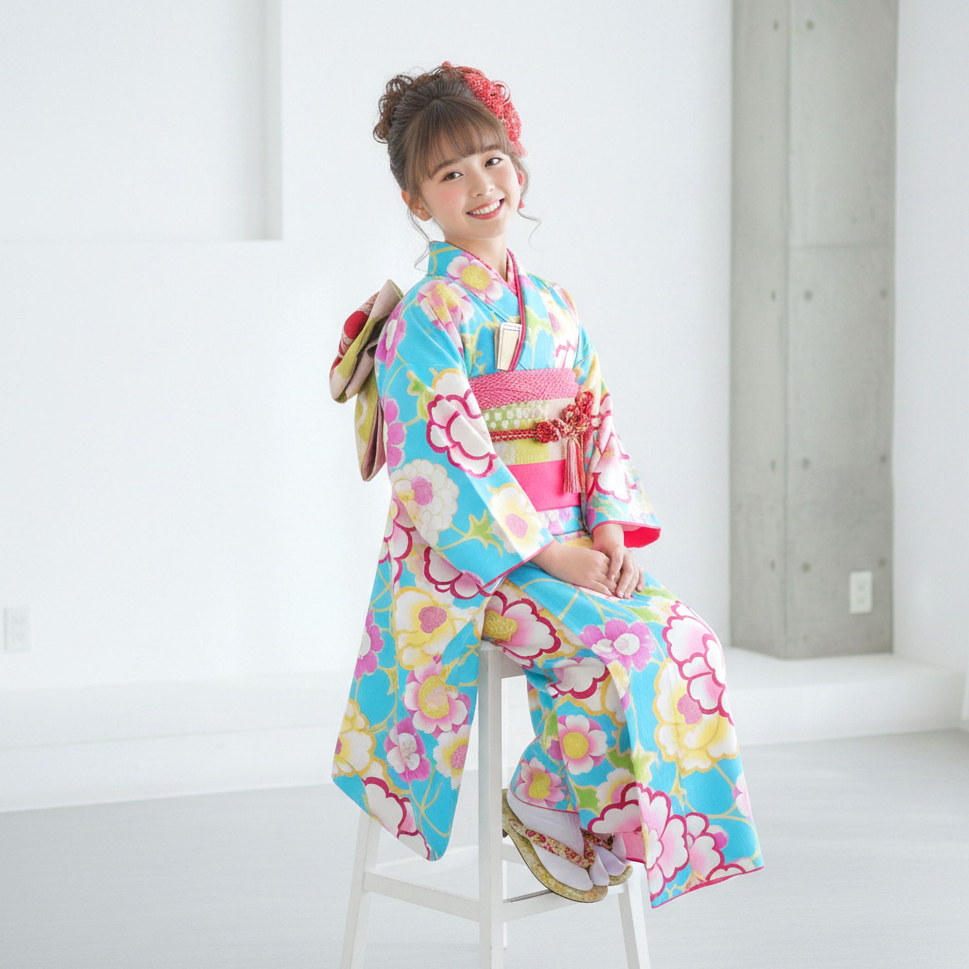 【レンタル】花わらべ七五三四ツ身着物フルセット【7歳貸衣装七五三】子供女児和服セット日本舞踊【往復送料無料】水色牡丹桜新品足袋プレゼント