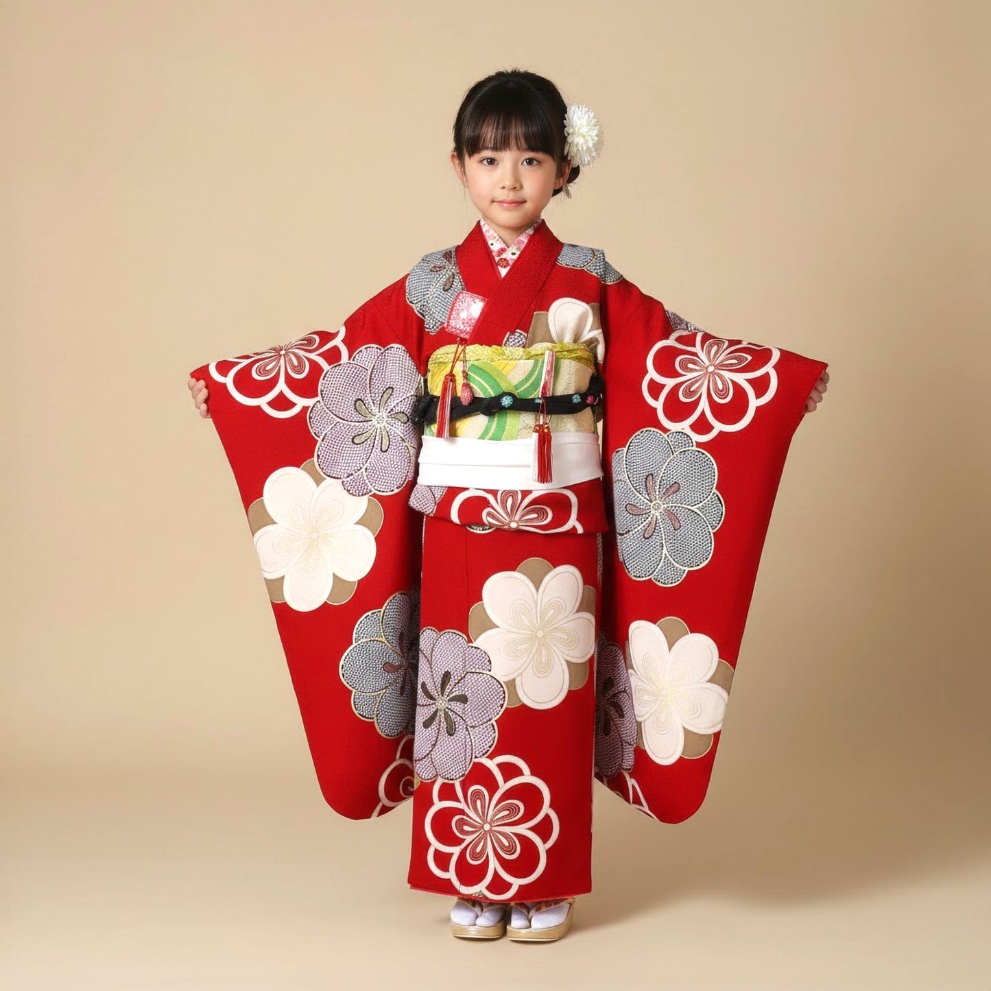 【レンタル】紅一点ブランド七五三四つ身着物フルセット【7歳貸衣装七歳7才】子供女児和服セット古典【往復送料無料】古典赤鹿の子新品足袋プレゼント