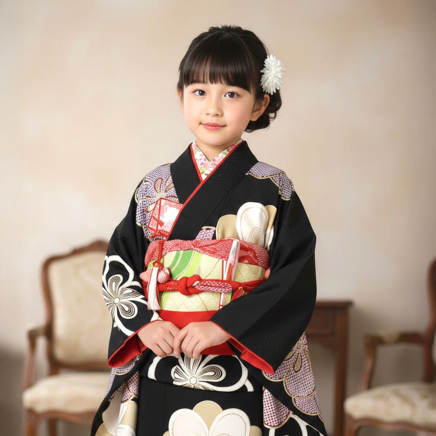 【レンタル】紅一点ブランド七五三四つ身着物フルセット【7歳貸衣装七歳7才】子供女児和服セット古典【往復送料無料】古典黒赤鹿の子新品足袋プレゼント
