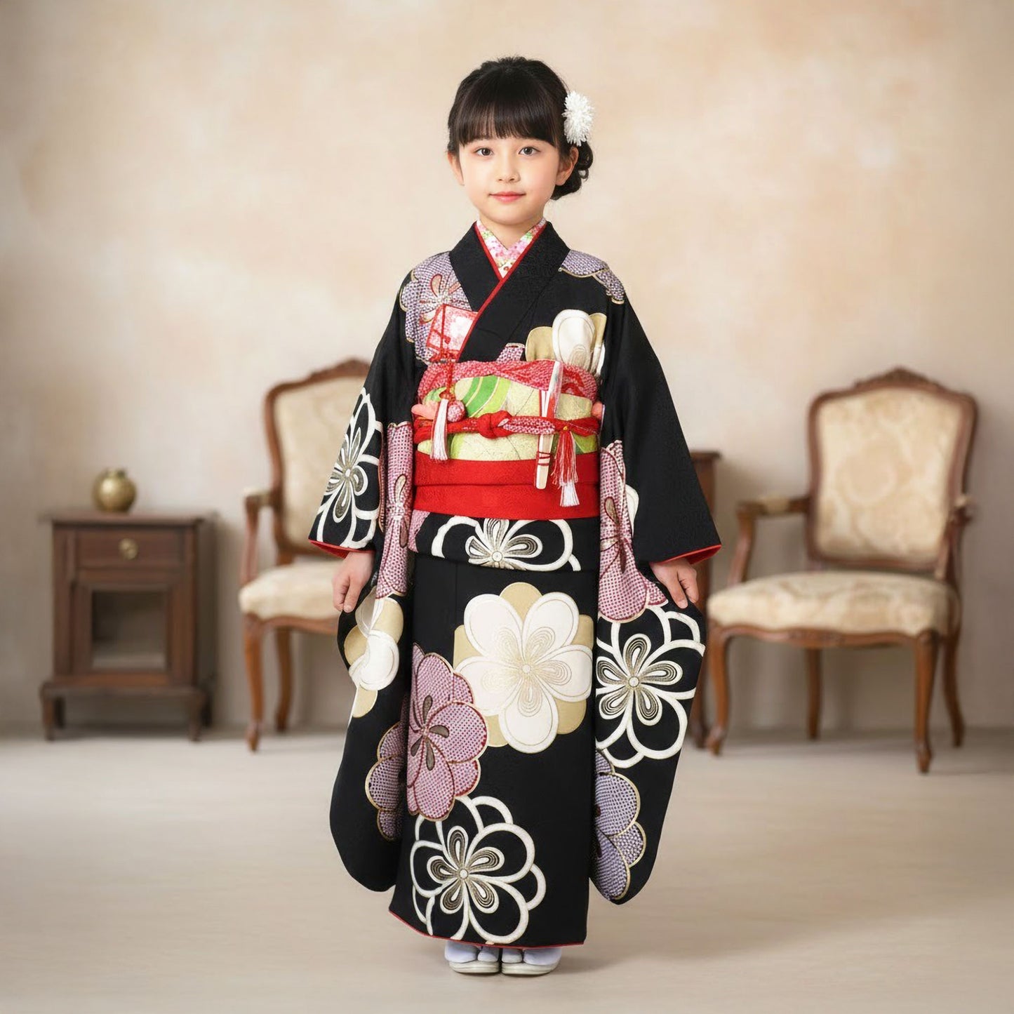 【レンタル】紅一点ブランド七五三四つ身着物フルセット【7歳貸衣装七歳7才】子供女児和服セット古典【往復送料無料】古典黒赤鹿の子新品足袋プレゼント