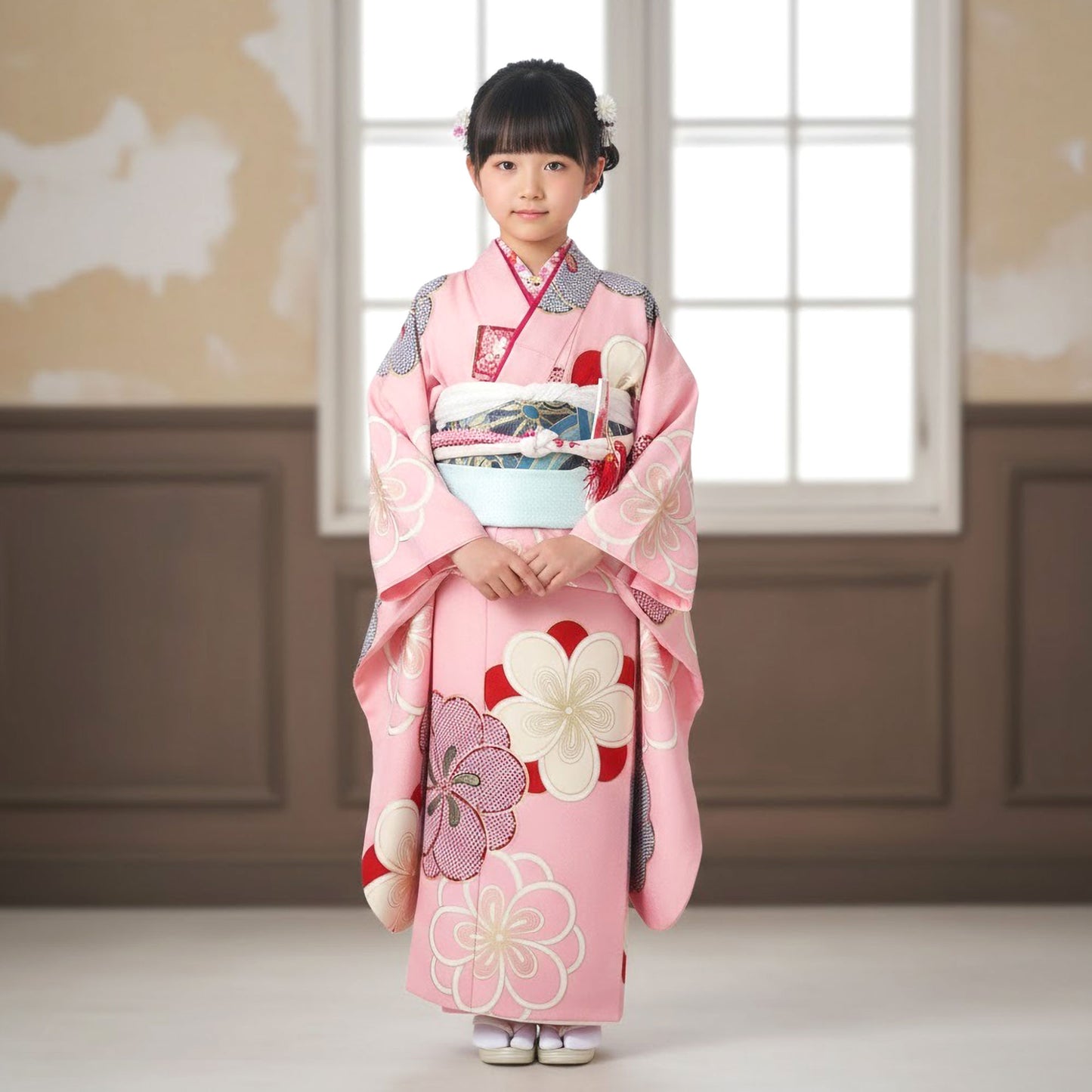 【レンタル】紅一点ブランド七五三四つ身着物フルセット【7歳貸衣装七歳7才】子供女児和服セット古典【往復送料無料】古典ピンク鹿の子新品足袋プレゼント