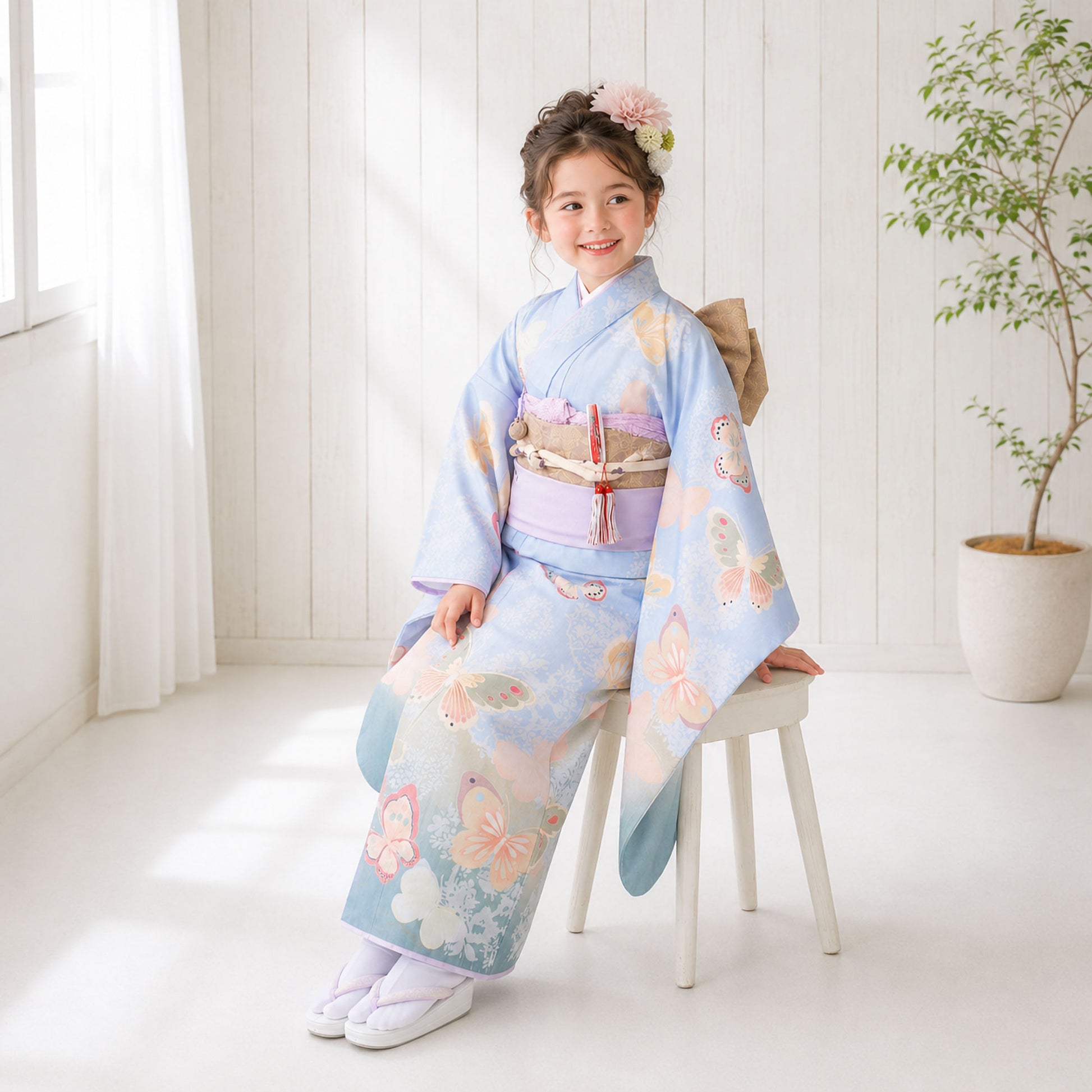 【スーパーSALEクーポンで33%OFF!】【レンタル】JILLSTUARTジルスチュアートブランド七五三四つ身着物フルセット【7歳貸衣装七歳7才】子供女児和服セット古典【往復送料無料】古典モダン水色緑蝶新品足袋プレゼントたび白足袋柄