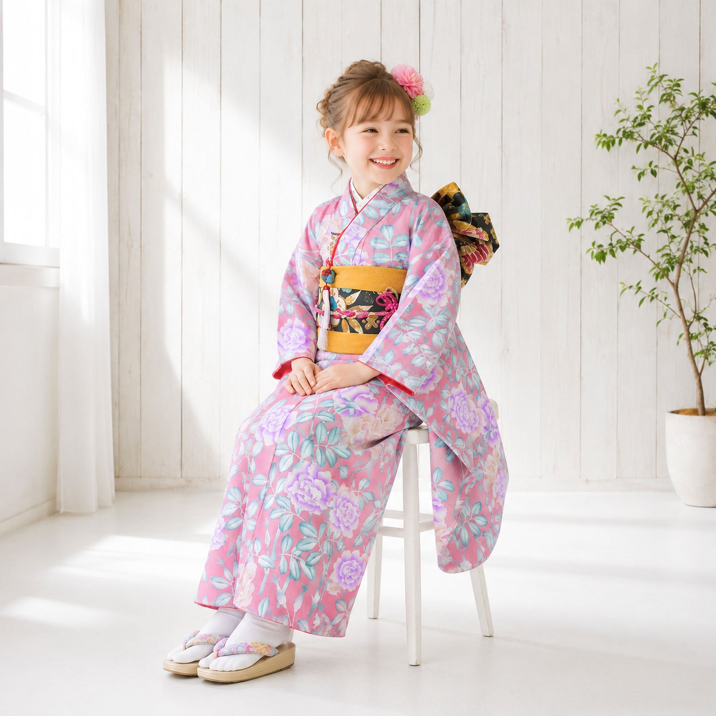 【レンタル】式部浪漫shikibuclassicブランド七五三四つ身着物フルセット【7歳貸衣装子供女児七歳7才四ツ身】和服古典【往復送料無料】ピンク薔薇洋柄新品足袋プレゼントたび白足袋柄足袋色足袋こはぜ礼装