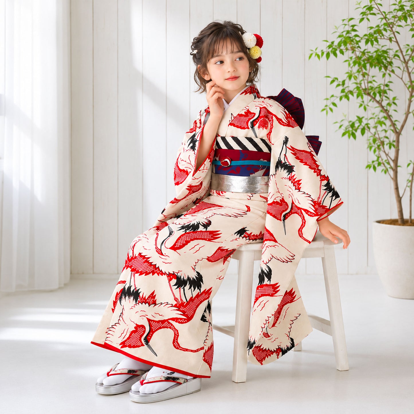 【レンタル】ModernAntennaモダンアンテナブランド七五三四つ身着物フルセット【7歳貸衣装七歳7才】子供女児和服セット古典【往復送料無料】古典鶴白新品足袋プレゼントたび白足袋柄足袋色足袋こはぜ礼装