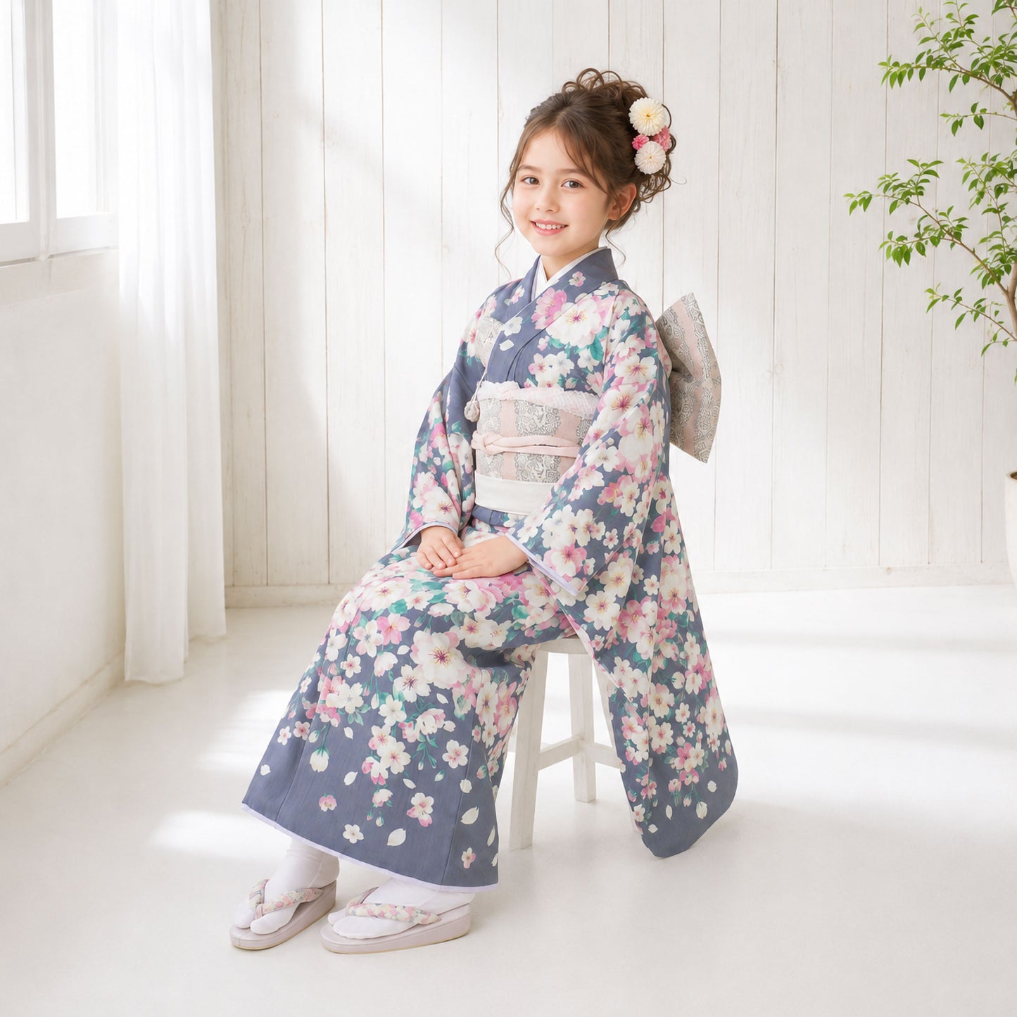 【レンタル】JILLSTUARTジルスチュアートブランド七五三四つ身着物フルセット【7歳貸衣装七歳7才】子供女児和服セット古典【往復送料無料】古典モダングレイ花新品足袋プレゼントたび白足袋柄足袋色足袋こはぜ