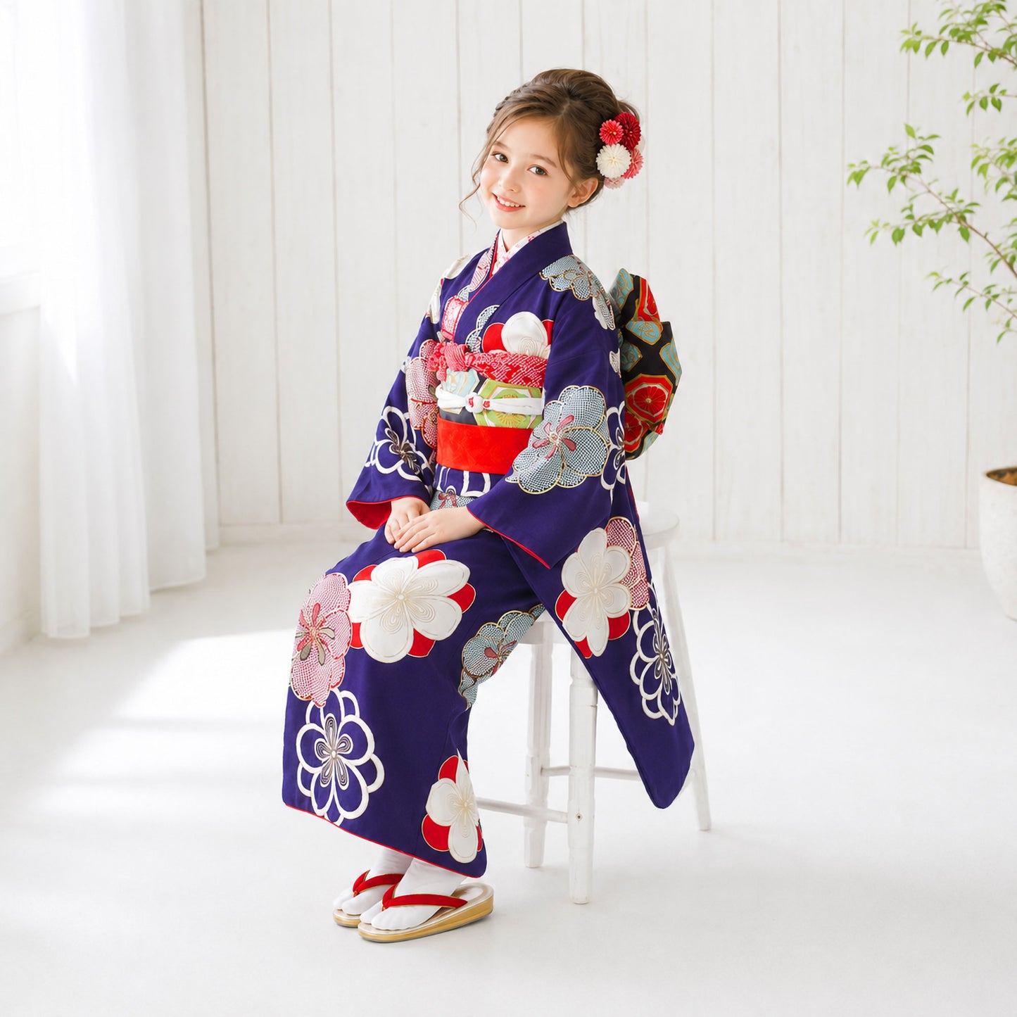 【レンタル】紅一点ブランド七五三四つ身着物フルセット【7歳貸衣装七歳7才】子供女児和服セット古典【往復送料無料】古典モダン紺ねじり梅新品足袋プレゼントたび白足袋柄足袋色足袋こはぜストレッチ足袋礼装茶道袴