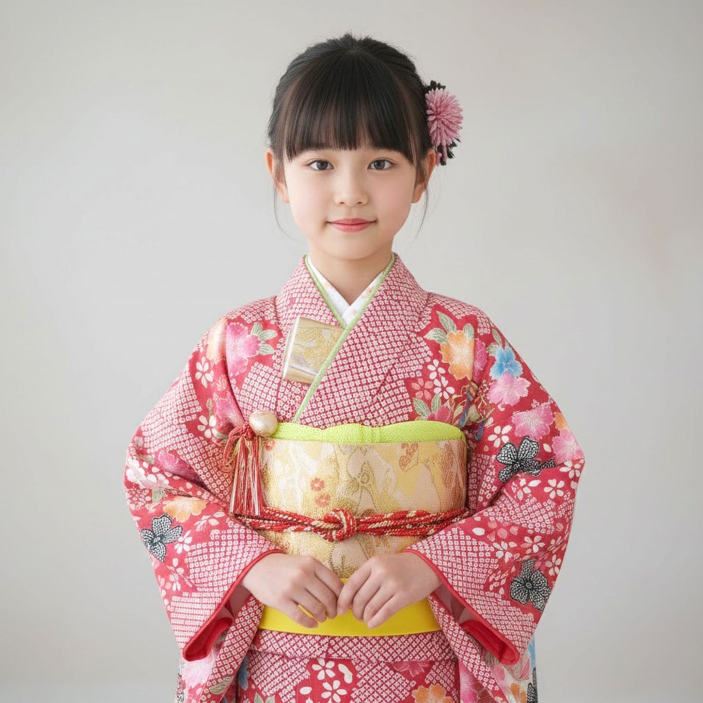 【レンタル】七五三四つ身着物フルセット【7歳貸衣装七歳7才】子供女児和服セット古典【往復送料無料】赤レッド新品足袋プレゼントNo.265