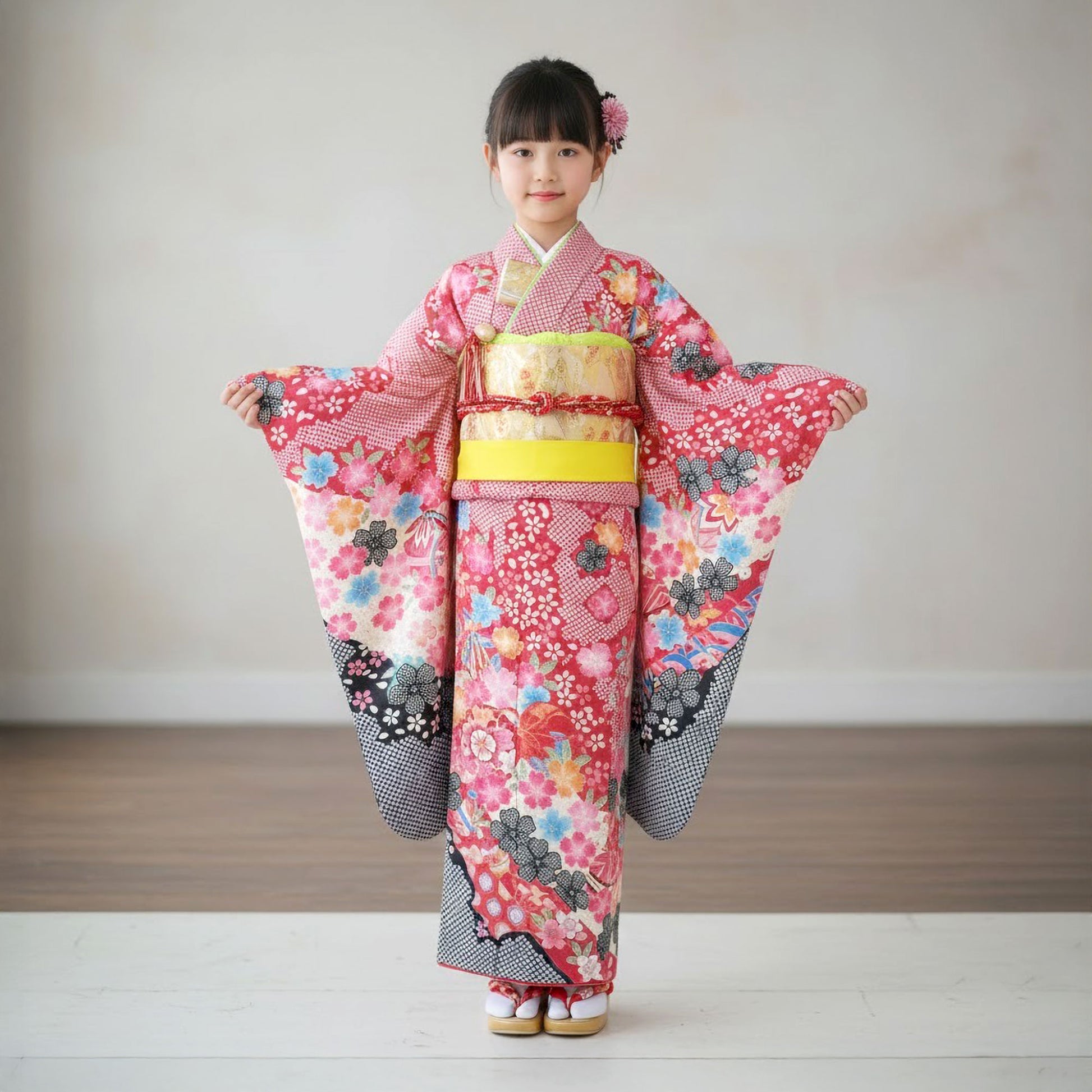【レンタル】七五三四つ身着物フルセット【7歳貸衣装七歳7才】子供女児和服セット古典【往復送料無料】赤レッド新品足袋プレゼントNo.265