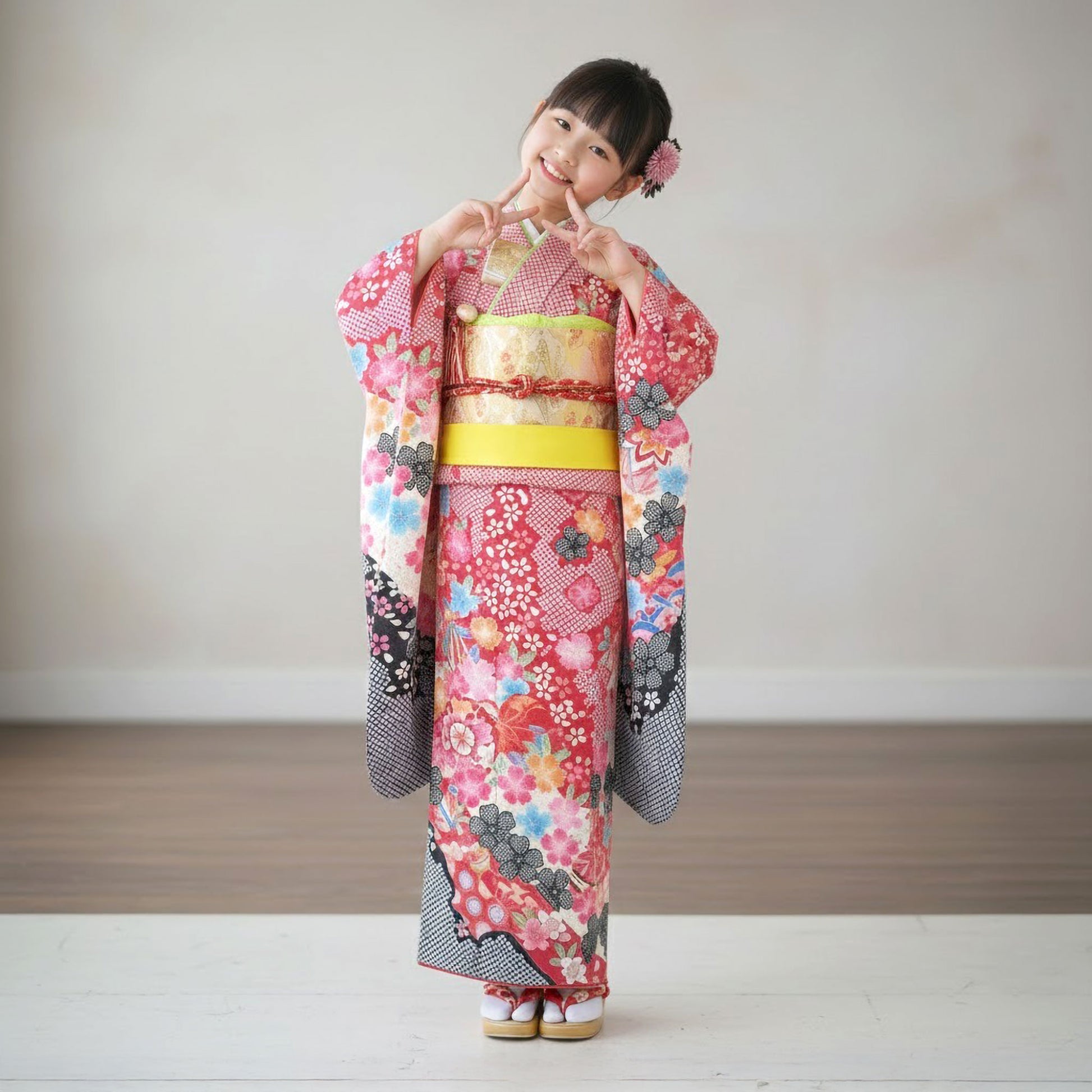 【レンタル】七五三四つ身着物フルセット【7歳貸衣装七歳7才】子供女児和服セット古典【往復送料無料】赤レッド新品足袋プレゼントNo.265