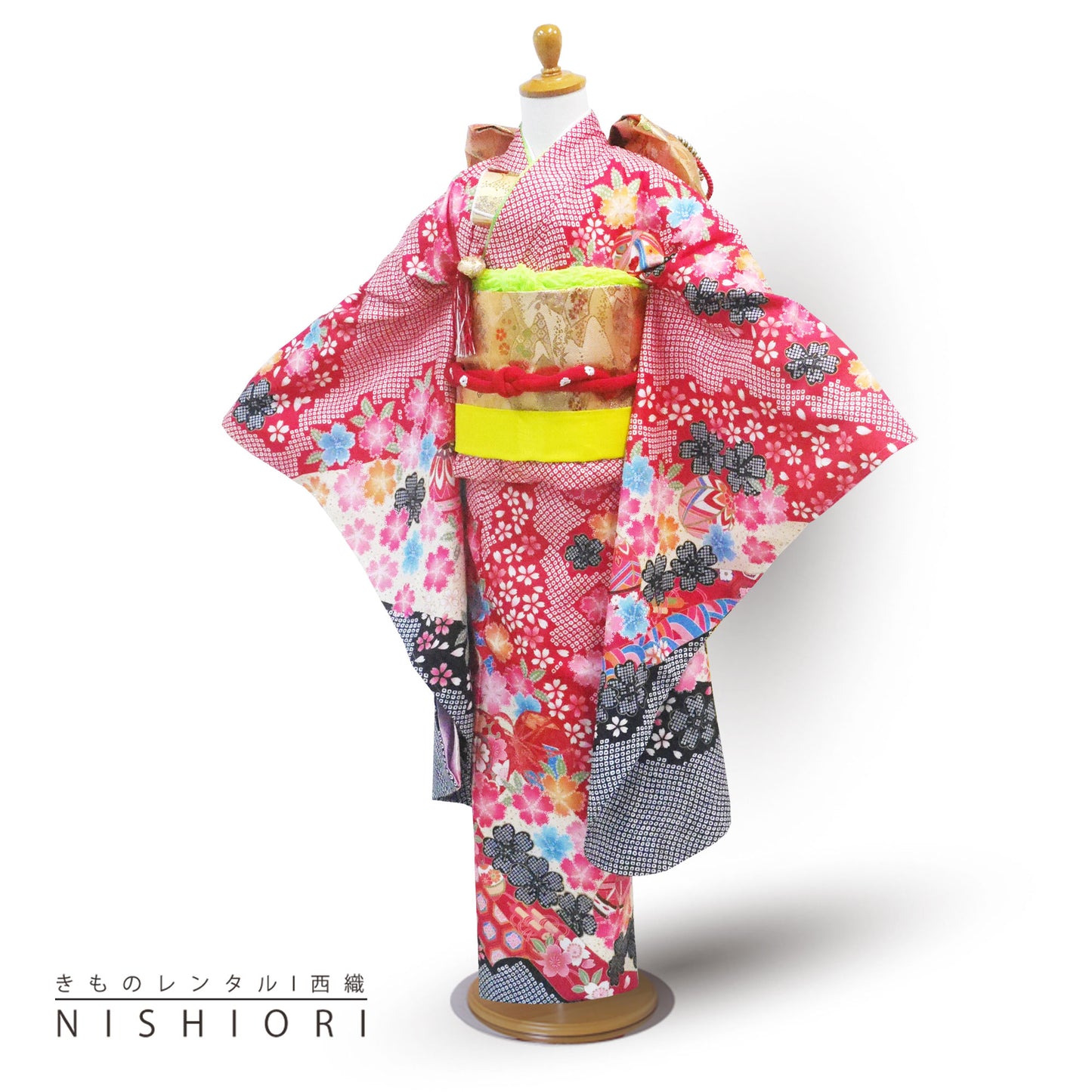 【レンタル】七五三四つ身着物フルセット【7歳貸衣装七歳7才】子供女児和服セット古典【往復送料無料】赤レッド新品足袋プレゼントNo.265