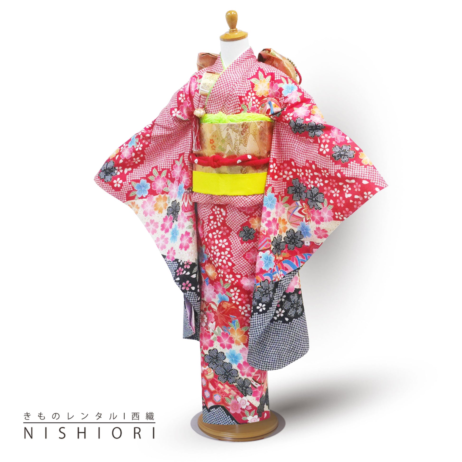 【レンタル】七五三四つ身着物フルセット【7歳貸衣装七歳7才】子供女児和服セット古典【往復送料無料】赤レッド新品足袋プレゼントNo.265