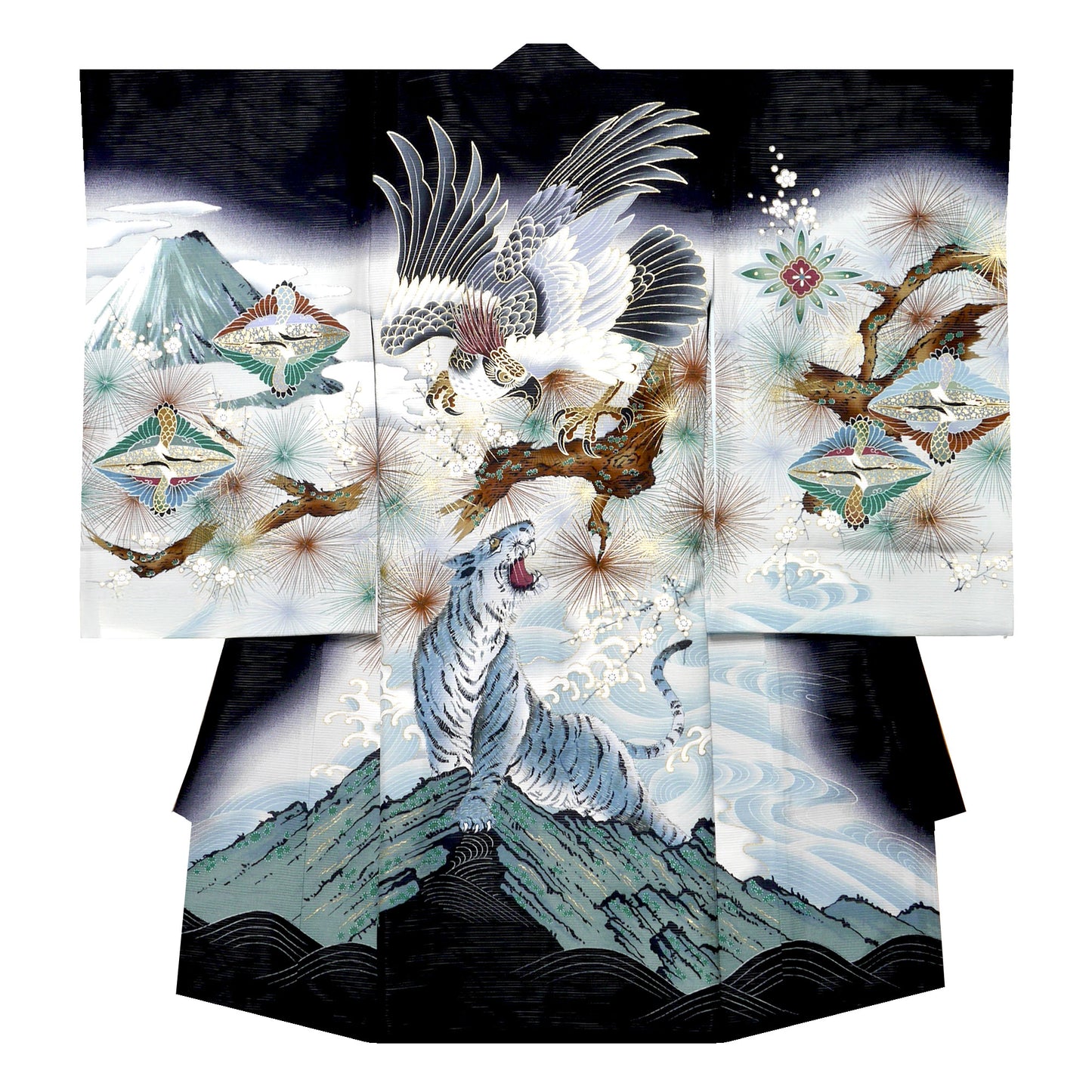 【LIMITEDSALEクーポンで半額!】レンタル【夏用絽】正絹男児産着鷹虎黒ブラックお宮参り着物帽子よだれかけセット【男の子貸衣装和服祝い着初着産着往復送料無料】かっこいい