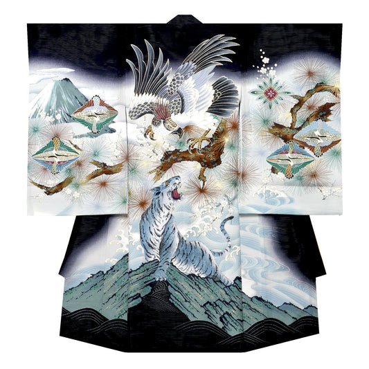 【LIMITEDSALEクーポンで半額!】レンタル【夏用絽】正絹男児産着鷹虎黒ブラックお宮参り着物帽子よだれかけセット【男の子貸衣装和服祝い着初着産着往復送料無料】かっこいい