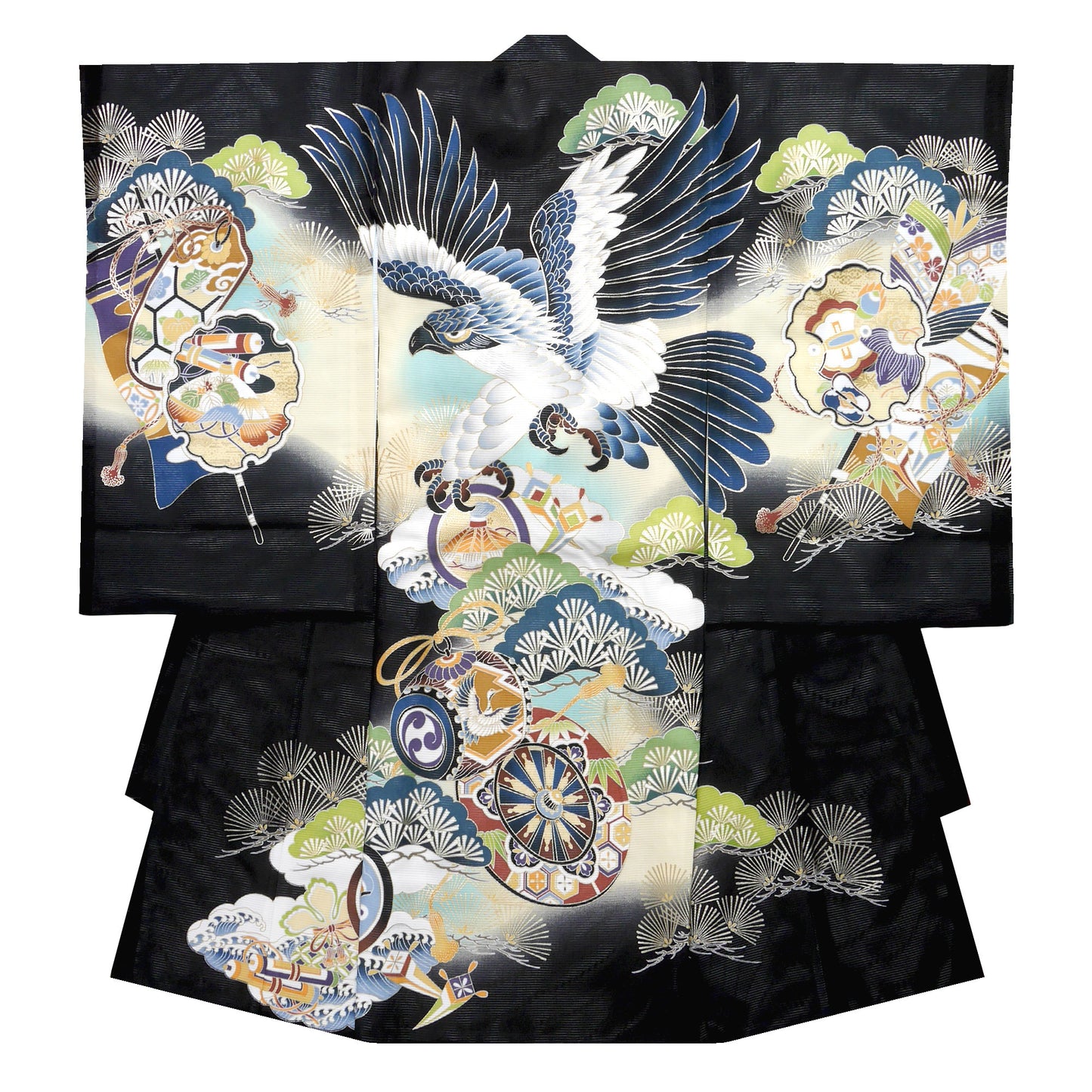 【LIMITEDSALEクーポンで半額!】レンタル【夏用絽】正絹男児産着鷹黒ブラックお宮参り着物帽子よだれかけセット【男の子貸衣装和服祝い着初着産着往復送料無料】かっこいい