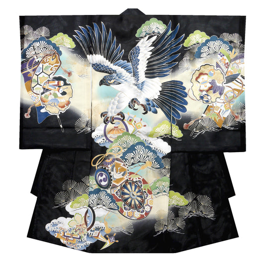 【LIMITEDSALEクーポンで半額!】レンタル【夏用絽】正絹男児産着鷹黒ブラックお宮参り着物帽子よだれかけセット【男の子貸衣装和服祝い着初着産着往復送料無料】かっこいい