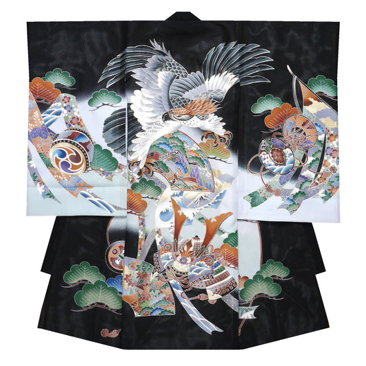 【LIMITEDSALEクーポンで半額!】レンタル【夏用絽】正絹男児産着鷹黒ブラックお宮参り着物帽子よだれかけセット【男の子貸衣装和服祝い着初着産着往復送料無料】かっこいい