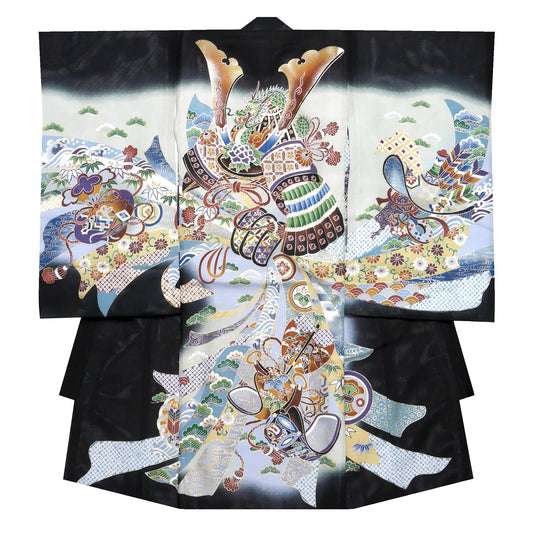【LIMITEDSALEクーポンで半額!】レンタル【夏用絽】正絹男児産着兜黒ブラックお宮参り着物帽子よだれかけセット【男の子貸衣装和服祝い着初着産着往復送料無料】かっこいい