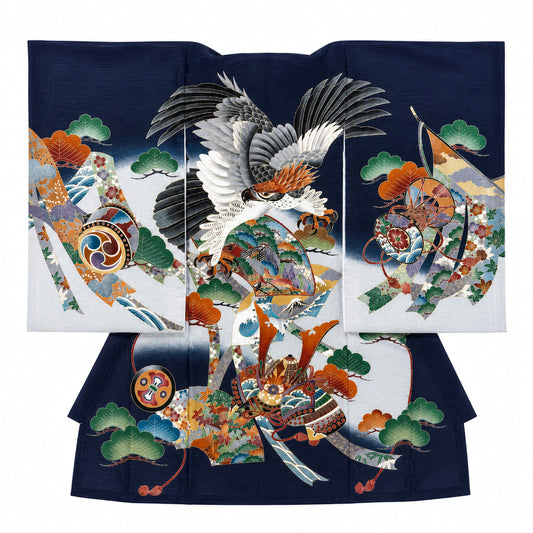 【LIMITEDSALEクーポンで半額!】レンタル【夏用絽】正絹男児産着兜黒ブラックお宮参り着物帽子よだれかけセット【男の子貸衣装和服祝い着初着産着往復送料無料】かっこいい