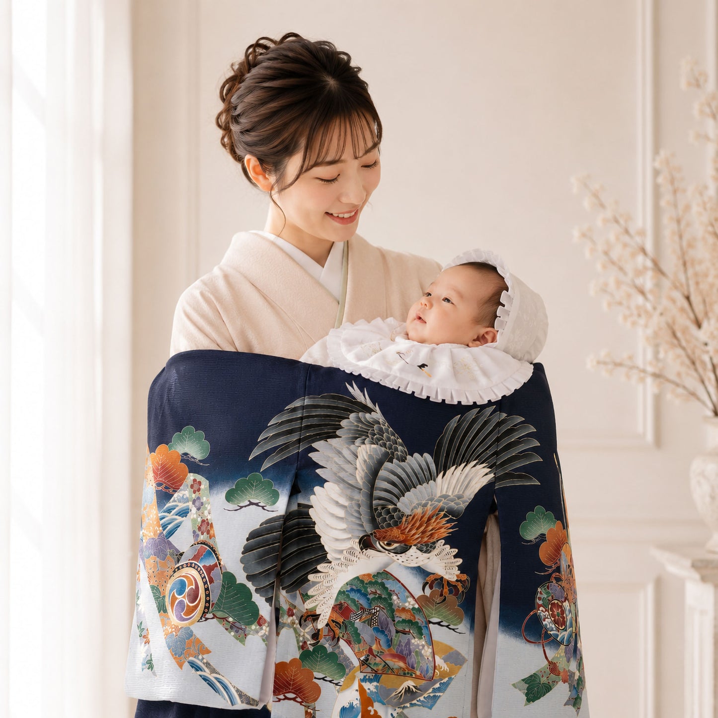 【LIMITEDSALEクーポンで半額!】レンタル【夏用絽】正絹男児産着兜黒ブラックお宮参り着物帽子よだれかけセット【男の子貸衣装和服祝い着初着産着往復送料無料】かっこいい