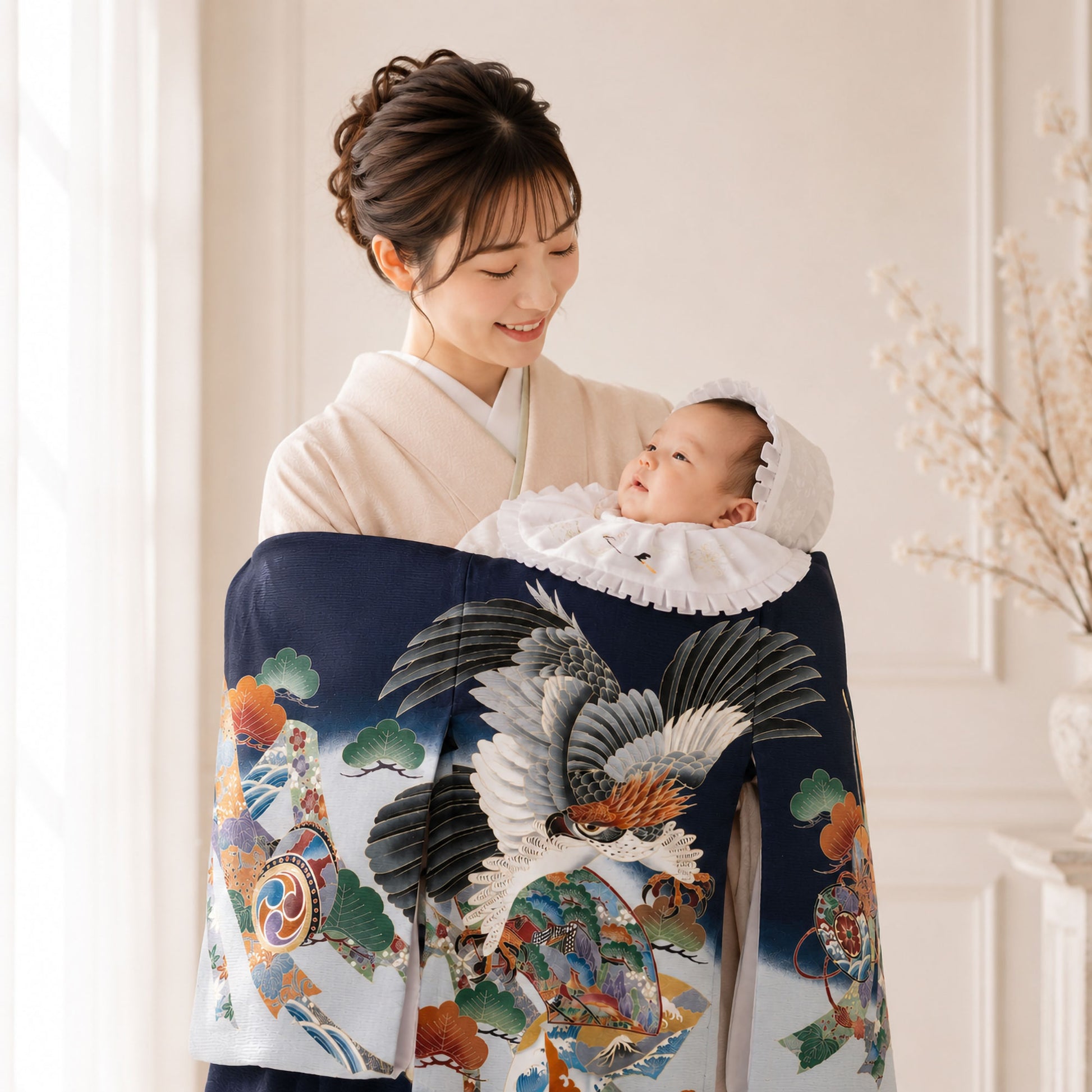 【LIMITEDSALEクーポンで半額!】レンタル【夏用絽】正絹男児産着兜黒ブラックお宮参り着物帽子よだれかけセット【男の子貸衣装和服祝い着初着産着往復送料無料】かっこいい