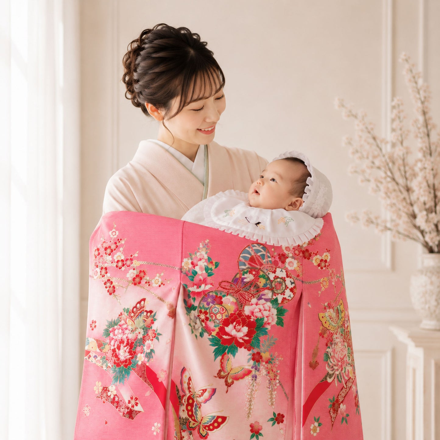【LIMITEDSALEクーポンで半額!】レンタル正絹男児産着虎鷹白ホワイトお宮参り着物帽子よだれかけセット【男の子貸衣装和服祝い着初着産着往復送料無料】かっこいい