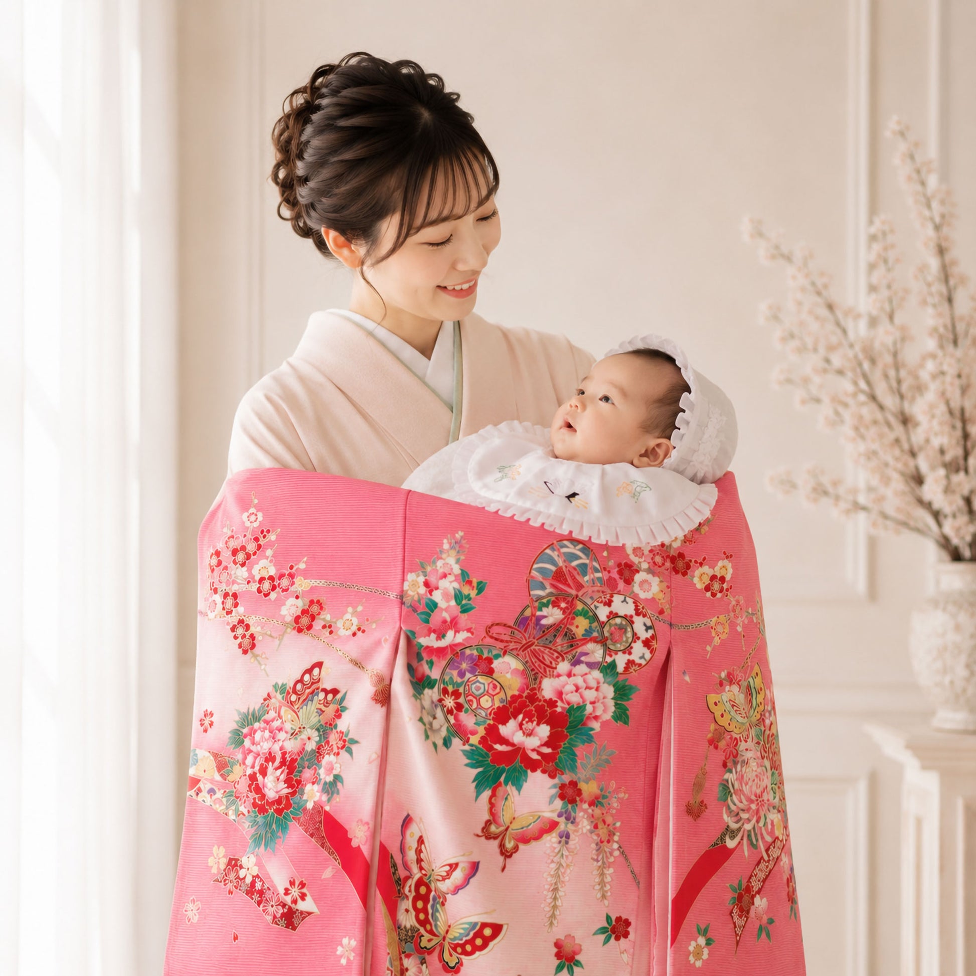 【LIMITEDSALEクーポンで半額!】レンタル正絹男児産着虎鷹白ホワイトお宮参り着物帽子よだれかけセット【男の子貸衣装和服祝い着初着産着往復送料無料】かっこいい