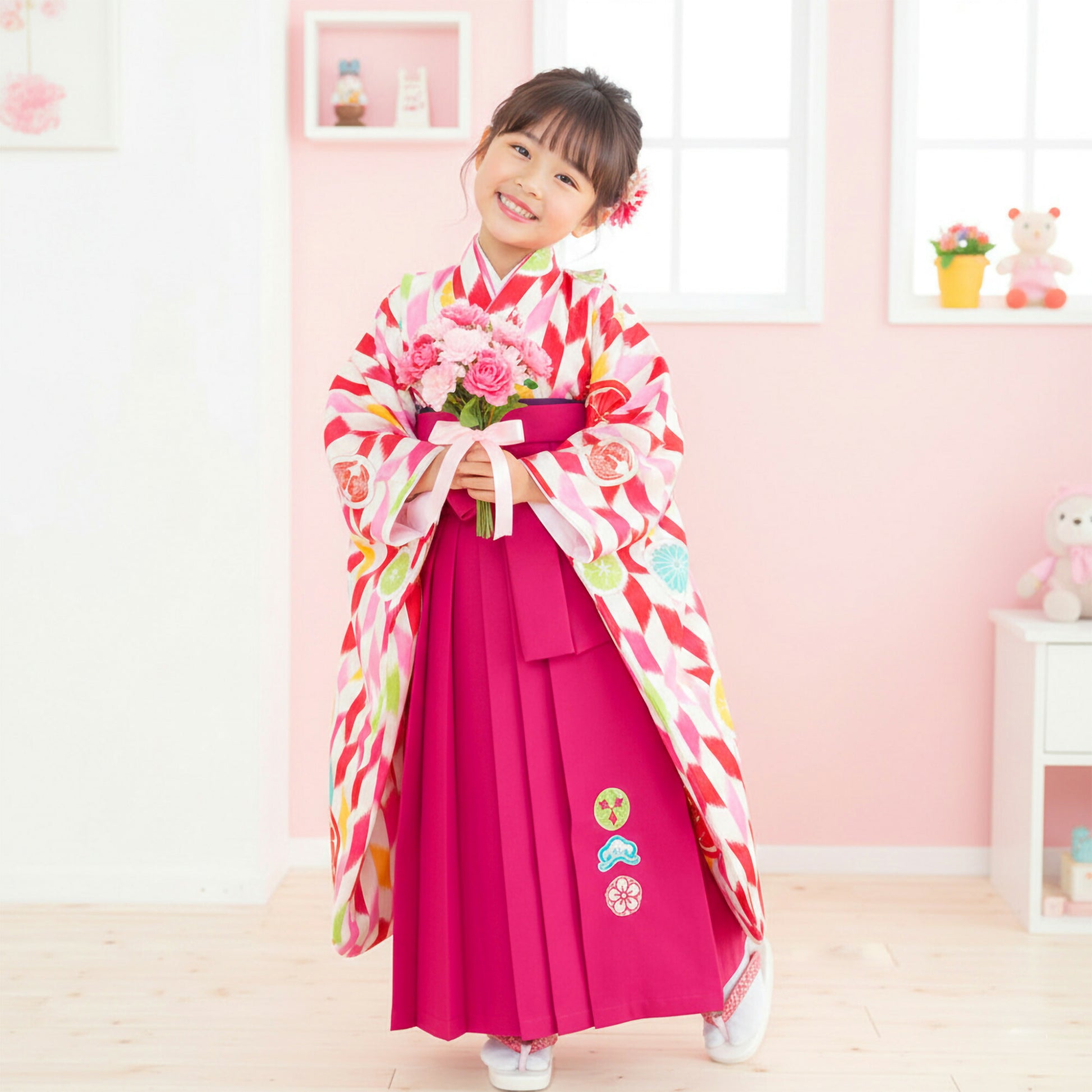 【レンタル】卒園用 小町kids 女児 着物 と 袴 フルセット 110cm 120cm 7才 女の子 キッズ【往復送料無料】【卒園式・七五三 貸衣装】矢絣 ピンク ワイン 和服 卒業式 入学式 成人式 前撮り 結婚式