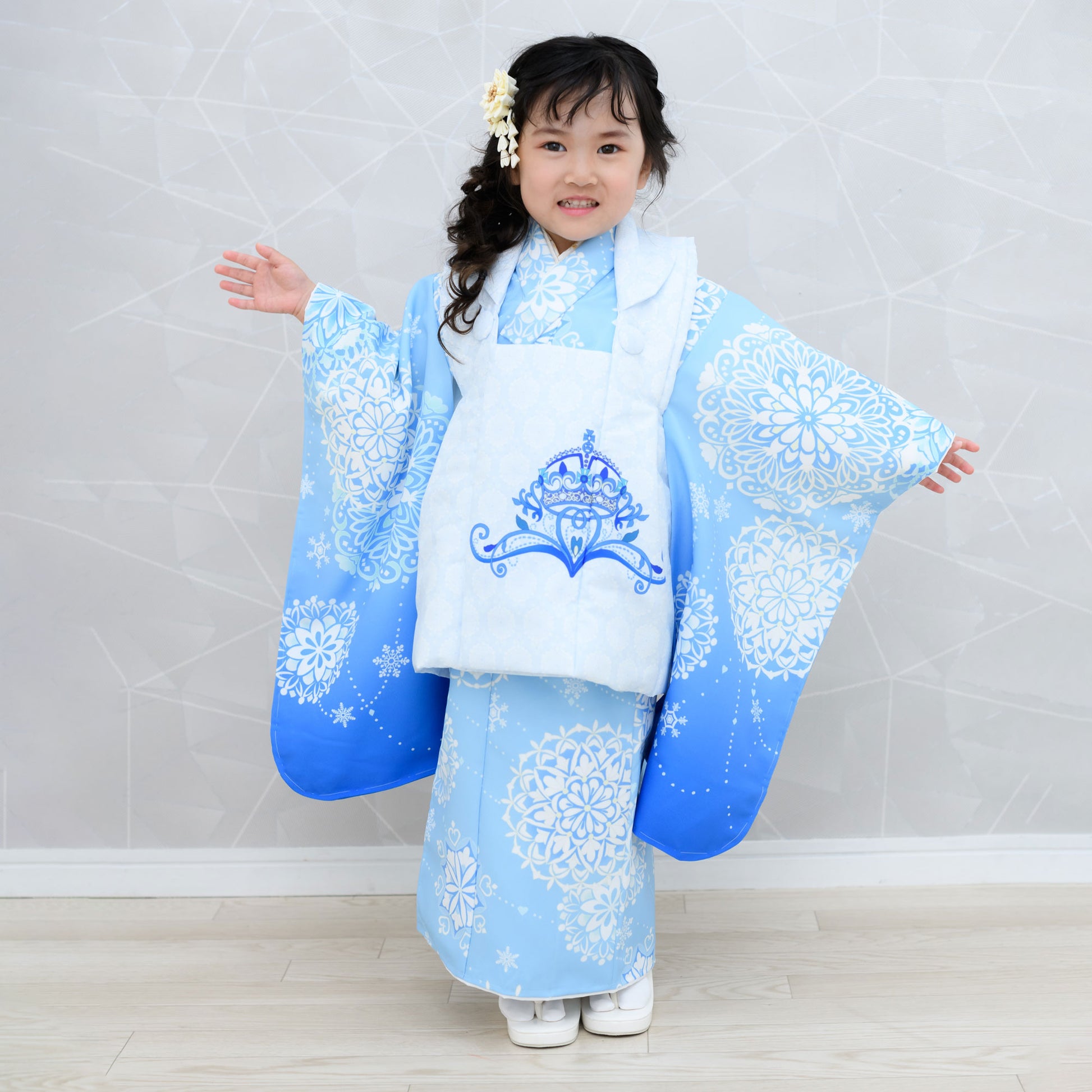 京wakka七五三レンタル女の子3歳着物被布コートフルセット753着物着物レンタル貸衣装七五三三歳子供着物女児子ども結婚式和装雪の結晶青白【往復送料無料】新品足袋プレゼントNo.307