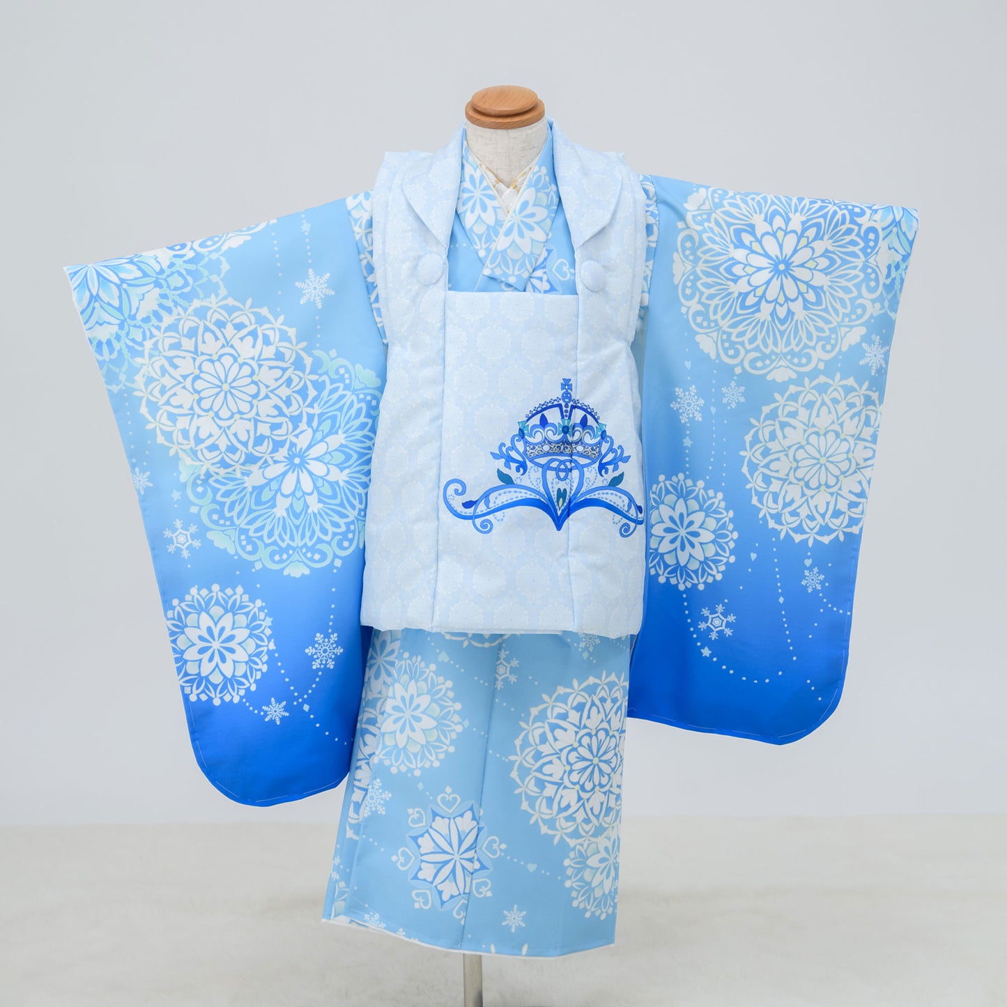 京wakka七五三レンタル女の子3歳着物被布コートフルセット753着物着物レンタル貸衣装七五三三歳子供着物女児子ども結婚式和装雪の結晶青白【往復送料無料】新品足袋プレゼントNo.307