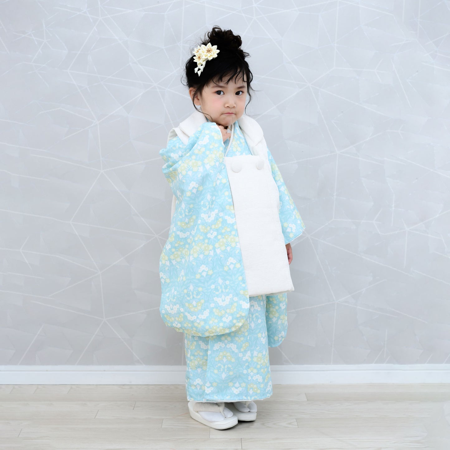京wakka七五三レンタル女の子3歳着物被布コートフルセット753着物着物レンタル貸衣装七五三三歳子供着物女児子ども結婚式和装雪の結晶青白【往復送料無料】新品足袋プレゼントNo.307