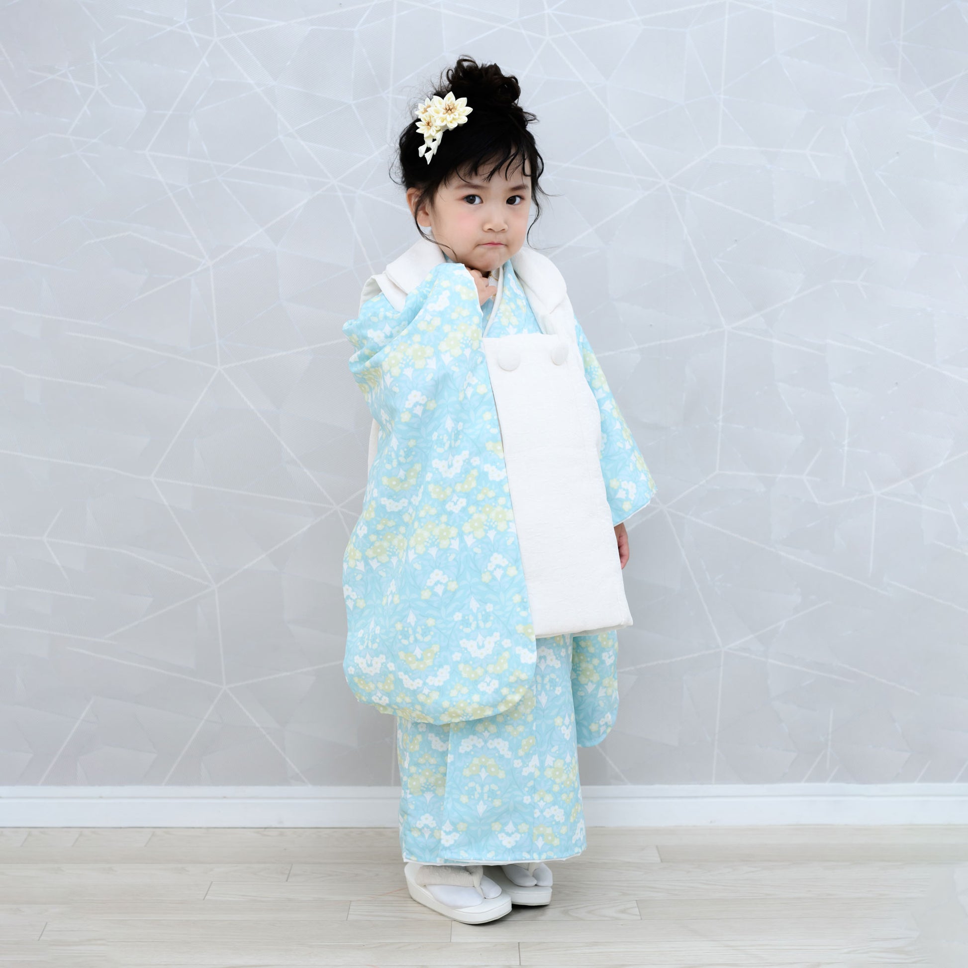 京wakka七五三レンタル女の子3歳着物被布コートフルセット753着物着物レンタル貸衣装七五三三歳子供着物女児子ども結婚式和装雪の結晶青白【往復送料無料】新品足袋プレゼントNo.307