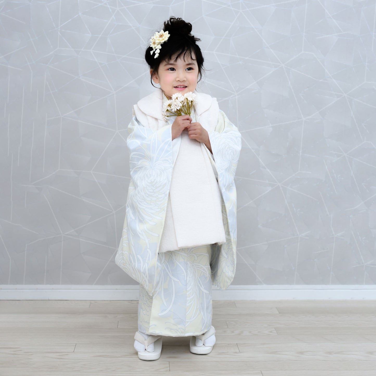 京wakka七五三レンタル女の子3歳着物被布コートフルセット753着物着物レンタル貸衣装七五三三歳子供着物女児子ども結婚式和装雪の結晶青白【往復送料無料】新品足袋プレゼントNo.307
