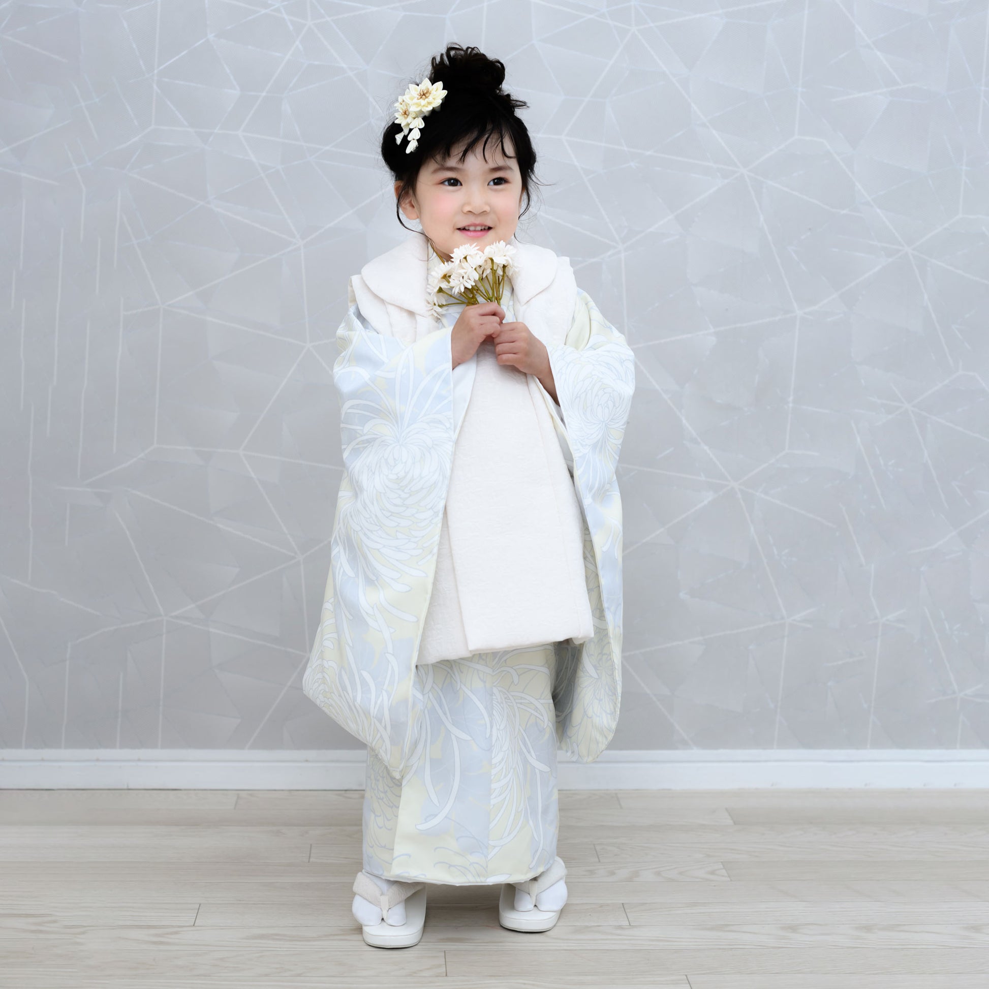京wakka七五三レンタル女の子3歳着物被布コートフルセット753着物着物レンタル貸衣装七五三三歳子供着物女児子ども結婚式和装雪の結晶青白【往復送料無料】新品足袋プレゼントNo.307