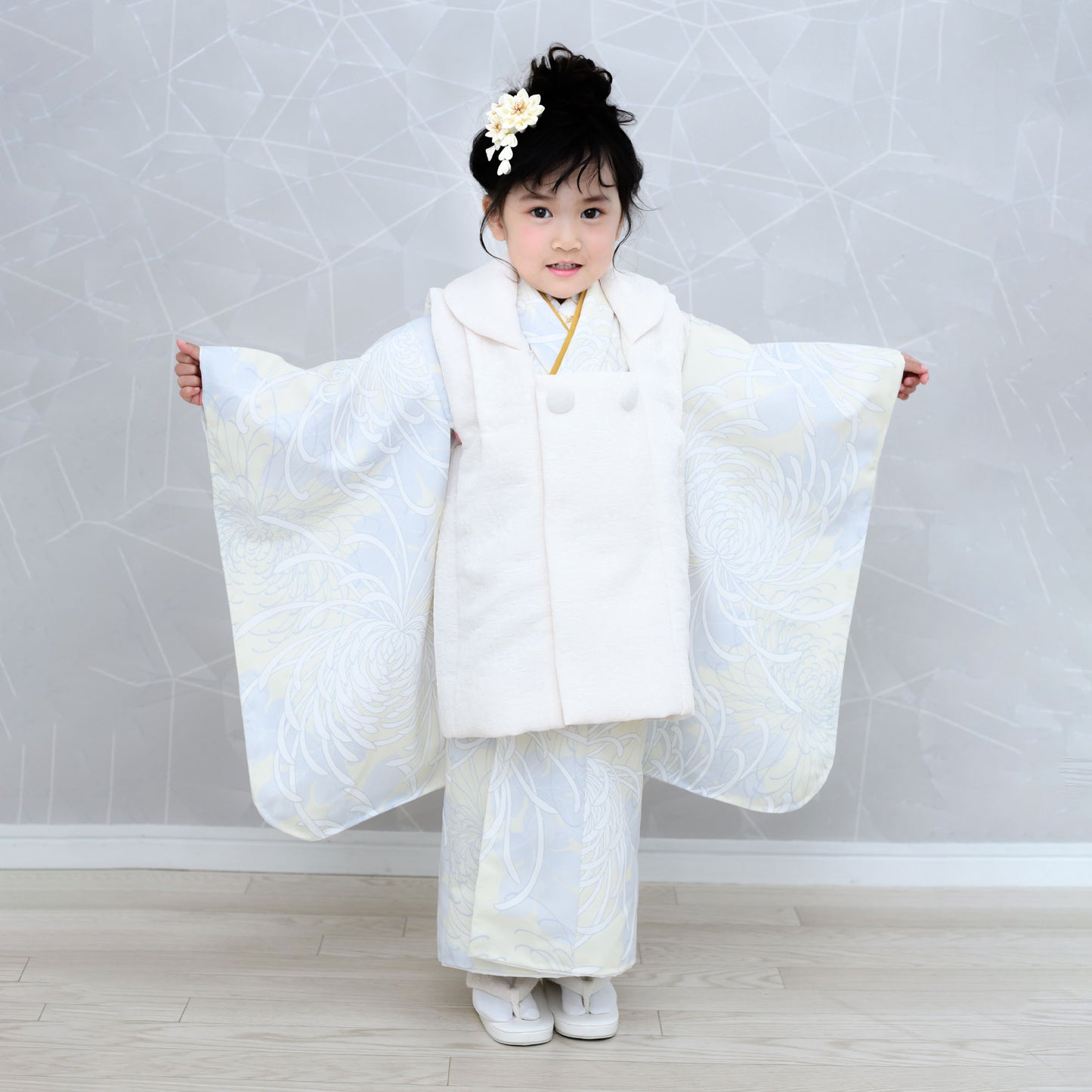 京wakka七五三レンタル女の子3歳着物被布コートフルセット753着物着物レンタル貸衣装七五三三歳子供着物女児子ども結婚式和装雪の結晶青白【往復送料無料】新品足袋プレゼントNo.307