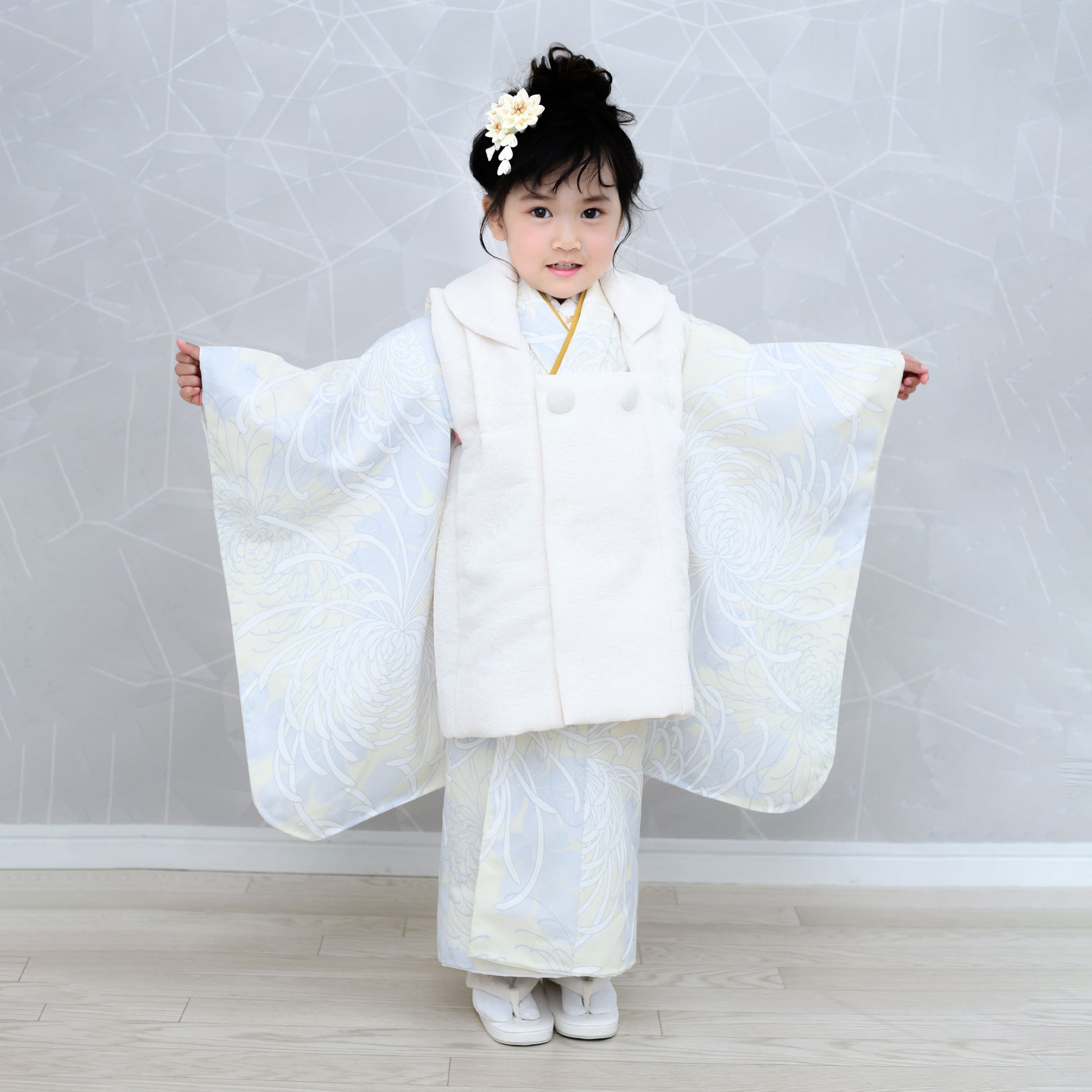 京wakka七五三レンタル女の子3歳着物被布コートフルセット753着物着物レンタル貸衣装七五三三歳子供着物女児子ども結婚式和装雪の結晶青白【往復送料無料】新品足袋プレゼントNo.307