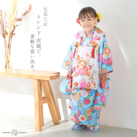 2024年秋新作七五三レンタル女の子3歳被布コート着物フルセット753着物着物レンタル貸衣装七五三三歳子供着物女児子ども結婚式和装【往復送料無料】新品足袋プレゼント青ブルー白古典金彩No.321