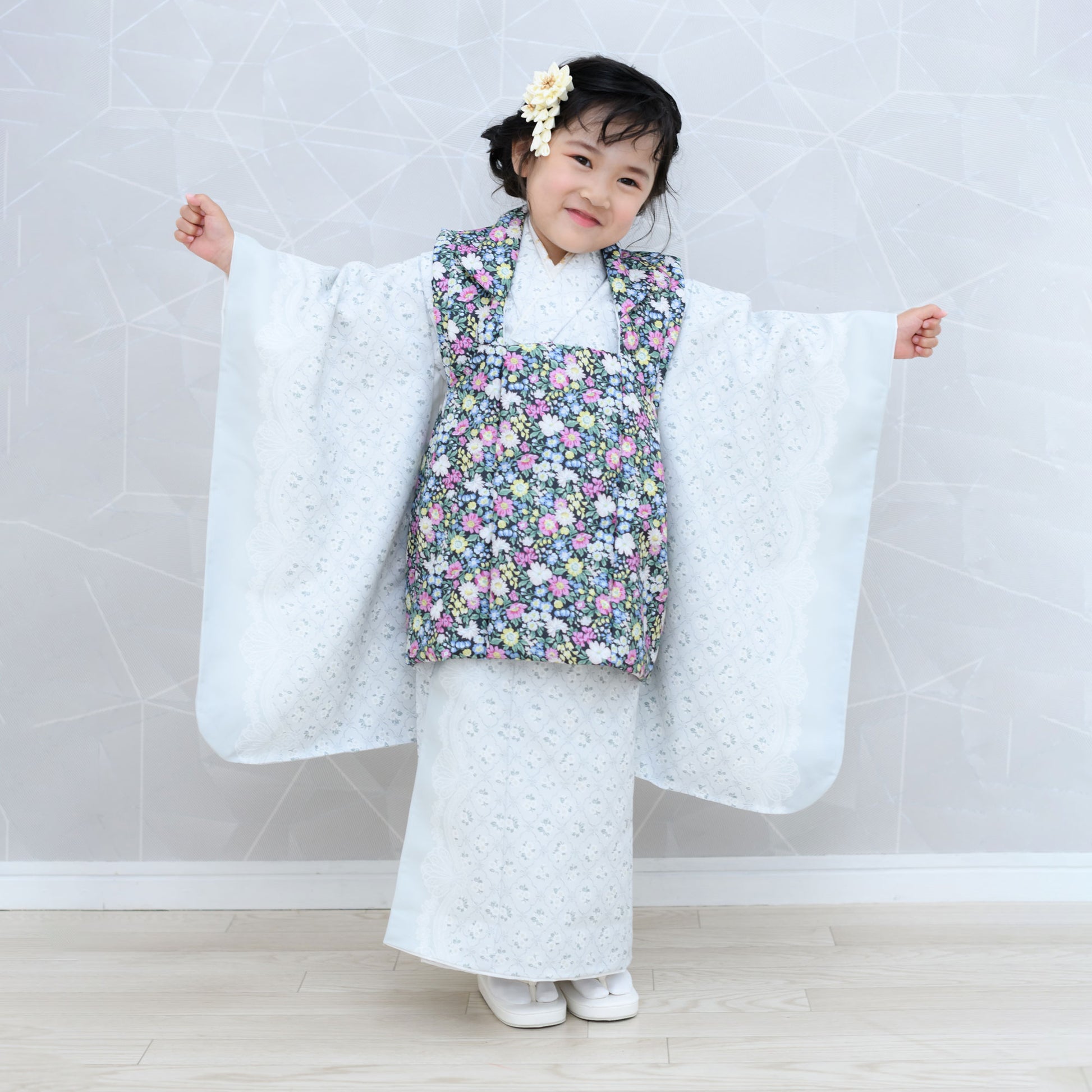 京wakka七五三レンタル女の子3歳着物被布コートフルセット753着物着物レンタル貸衣装七五三三歳子供着物女児子ども結婚式和装雪の結晶青白【往復送料無料】新品足袋プレゼントNo.307