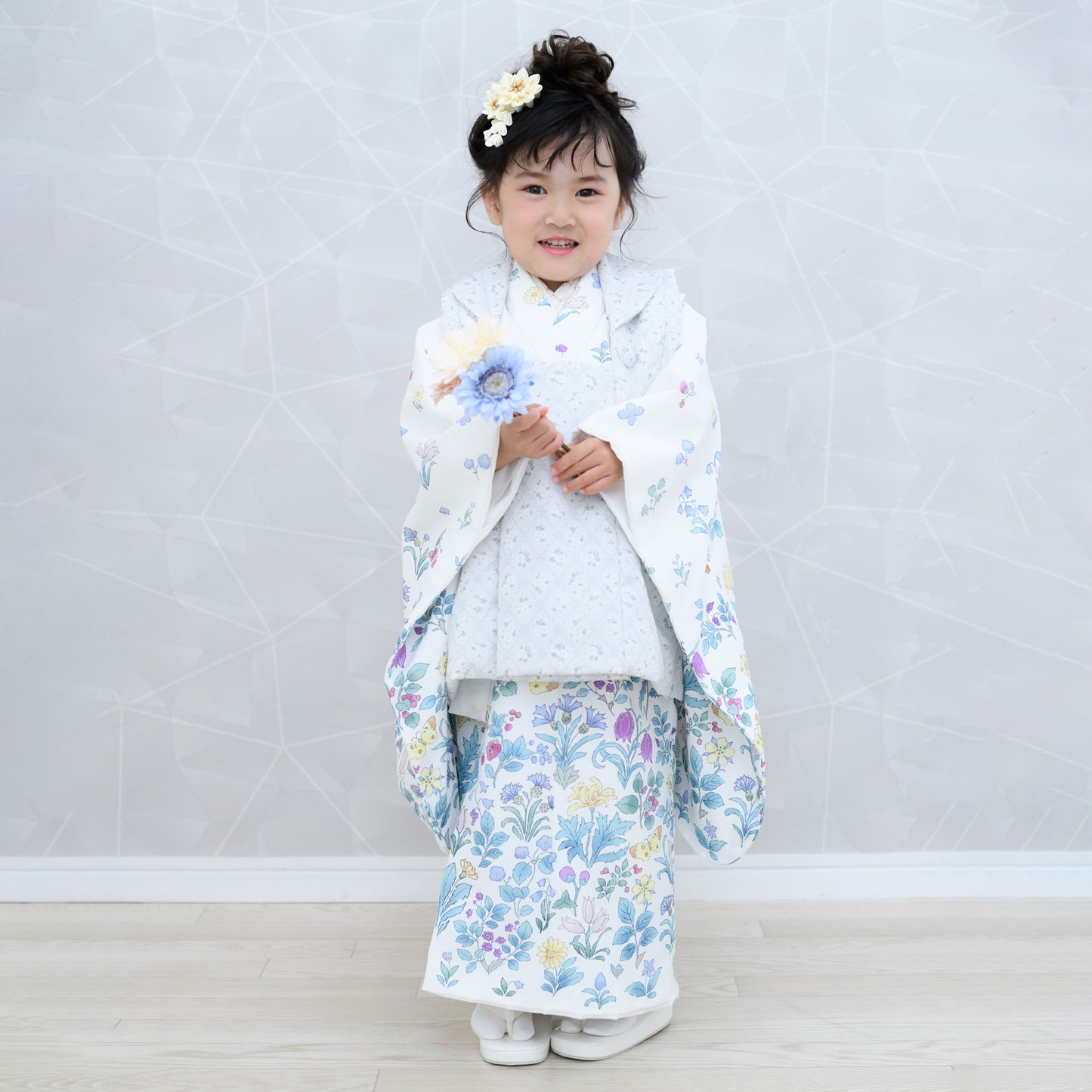 京wakka七五三レンタル女の子3歳着物被布コートフルセット753着物着物レンタル貸衣装七五三三歳子供着物女児子ども結婚式和装雪の結晶青白【往復送料無料】新品足袋プレゼントNo.307