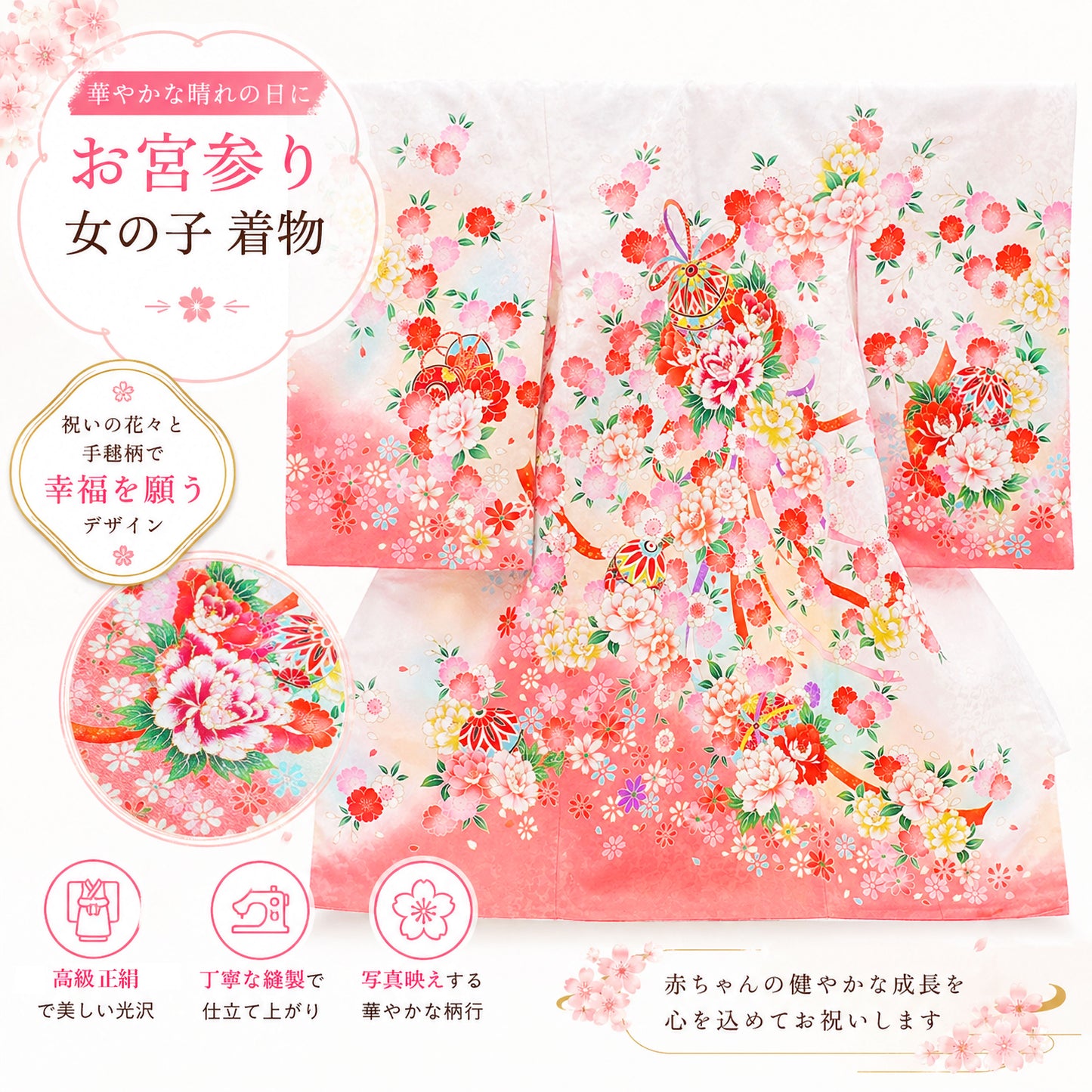 【ワンダフルデー限定クーポンで10%OFF!】【レンタル】女児産着お宮参り着物帽子よだれかけセット【女の子貸衣装和服祝い着初着産着往復送料無料】鮮やか白ホワイト古典