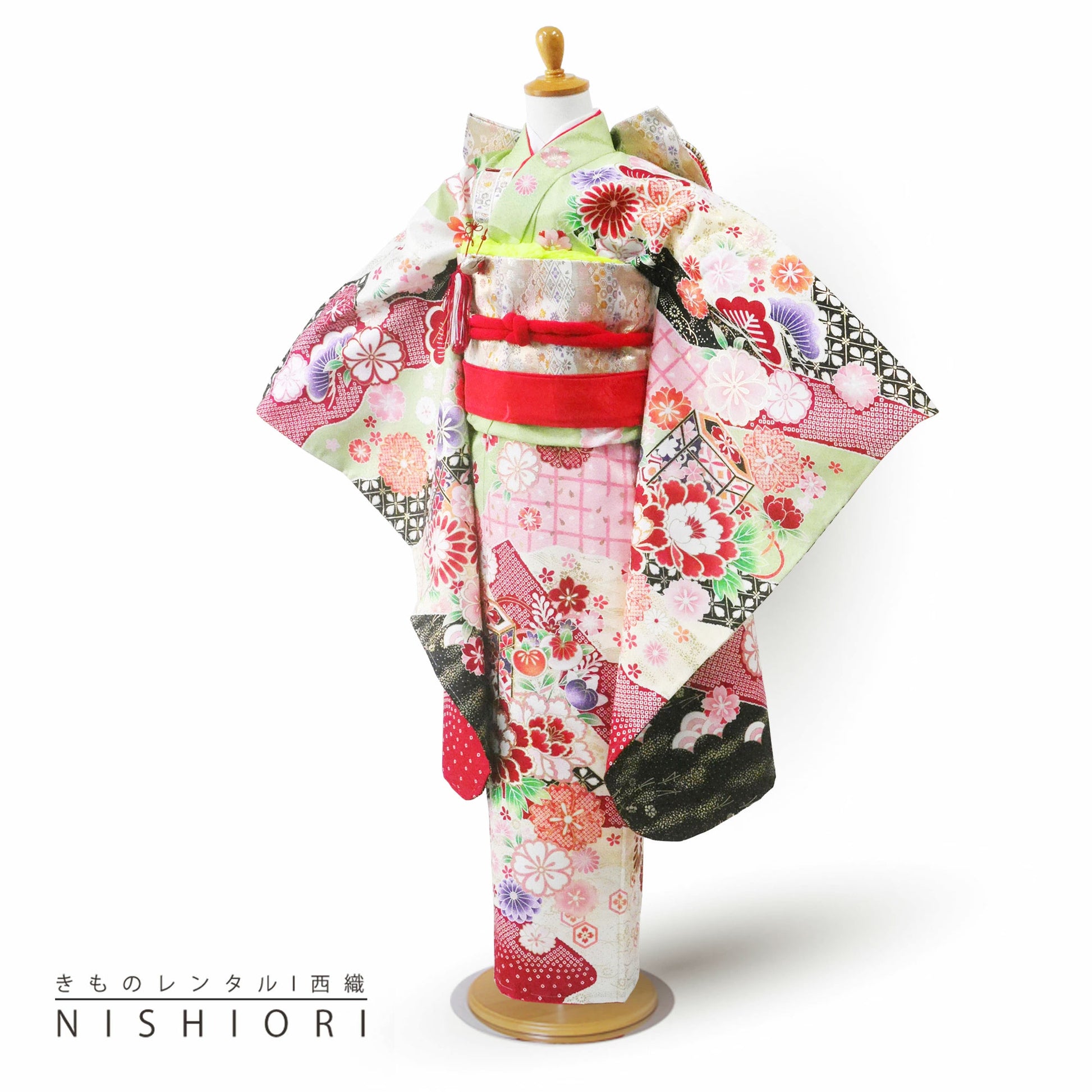 【お買い物マラソン10%OFFクーポン配布中!】【レンタル】七五三四つ身着物フルセット【7歳貸衣装七歳7才】子供女児和服セット古典【往復送料無料】黄緑グリーン新品足袋プレゼントNo.258